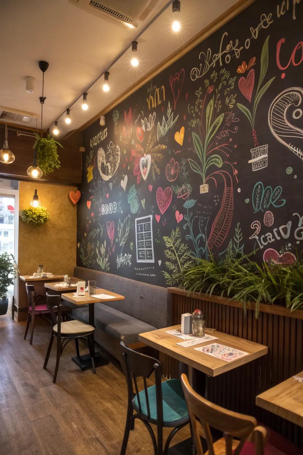 A chalkboard wall full of colorful doodles and messages, inviting creativity.