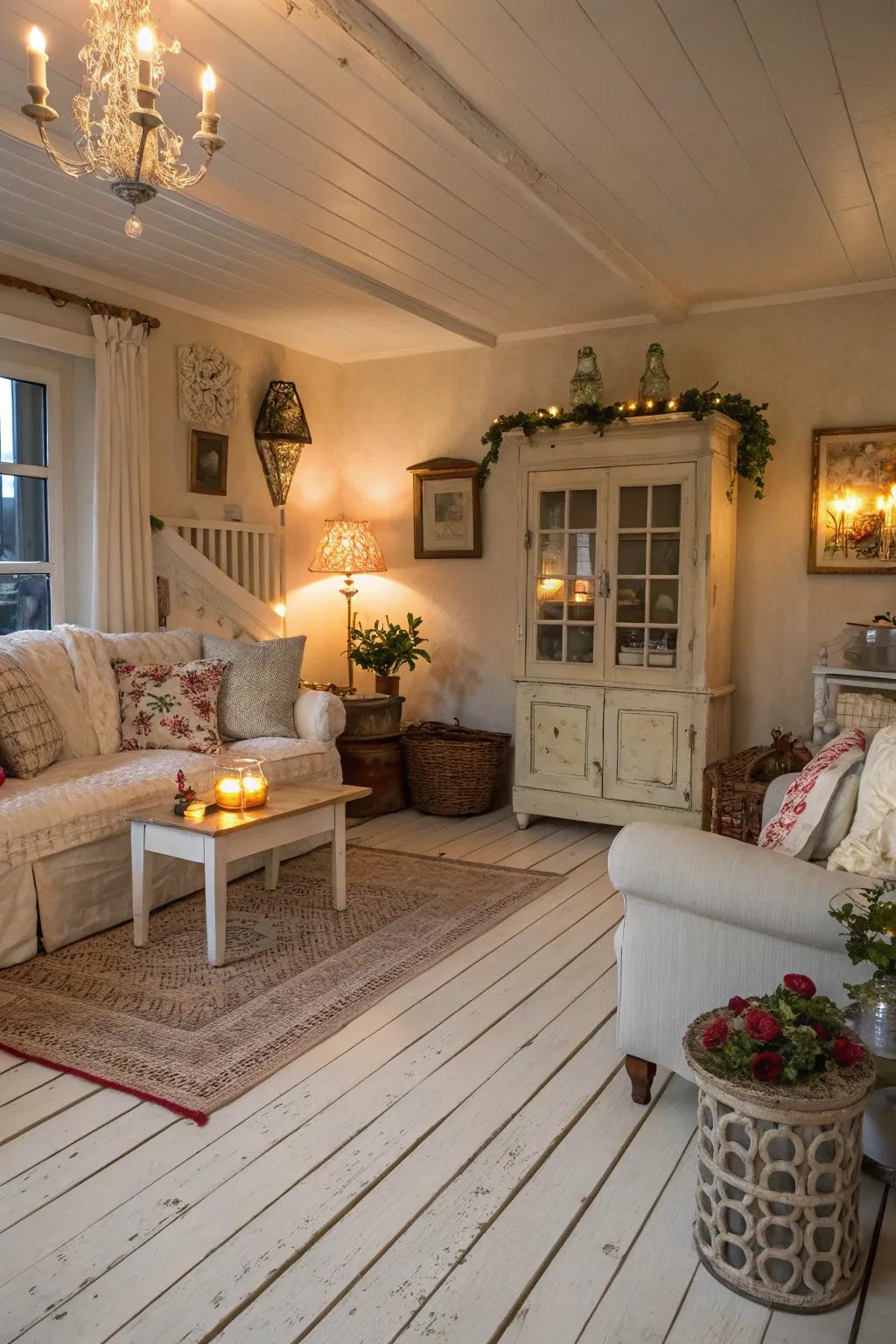 Whitewashed floors offer a bright and rustic charm.