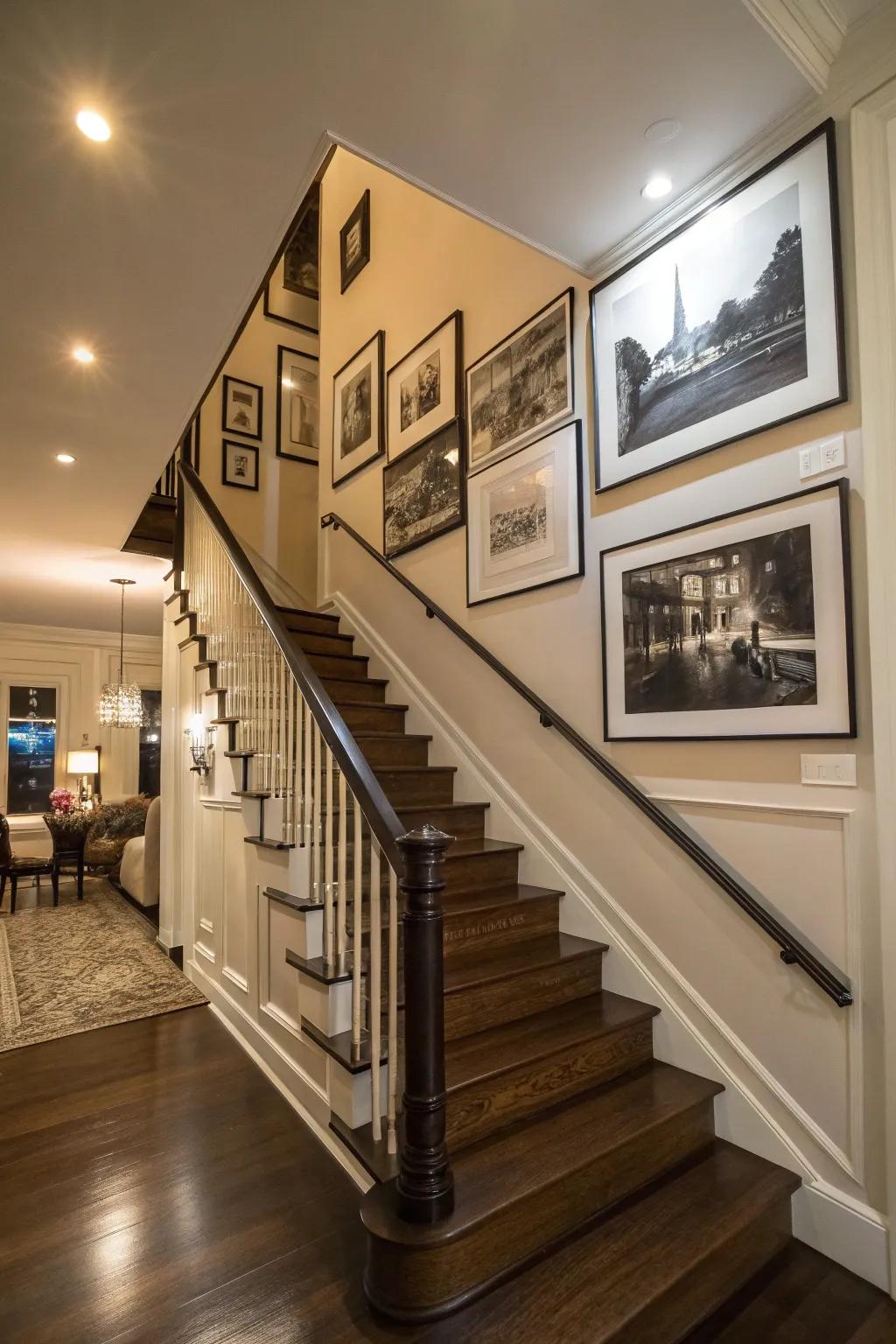 A black-and-white photography poster adding elegance to a staircase wall.