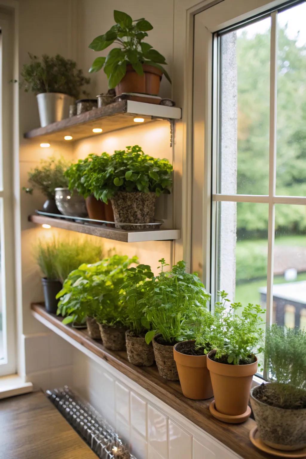 Sunlit glory with window plant shelves.