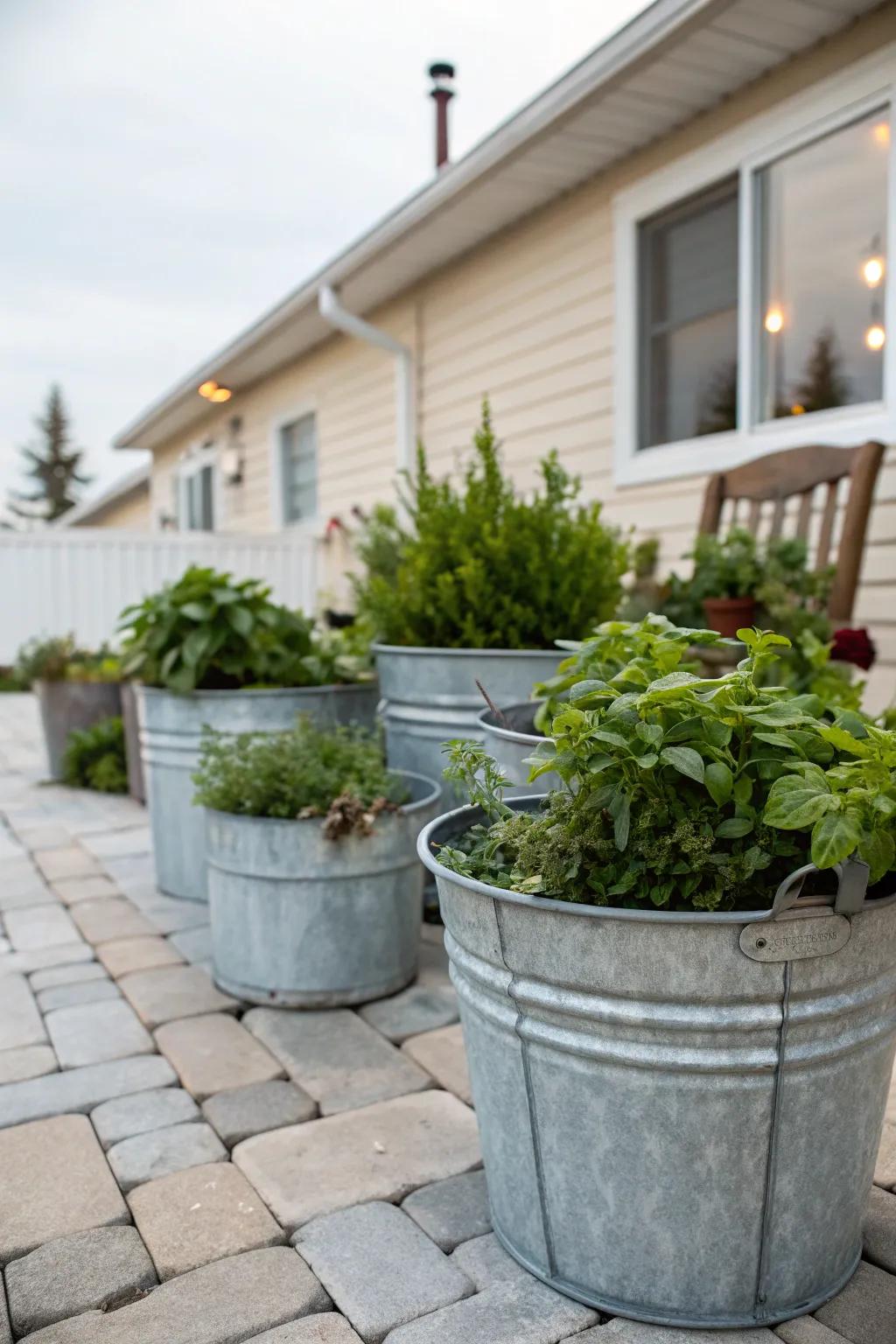 Achieve industrial chic with metal bucket planters.