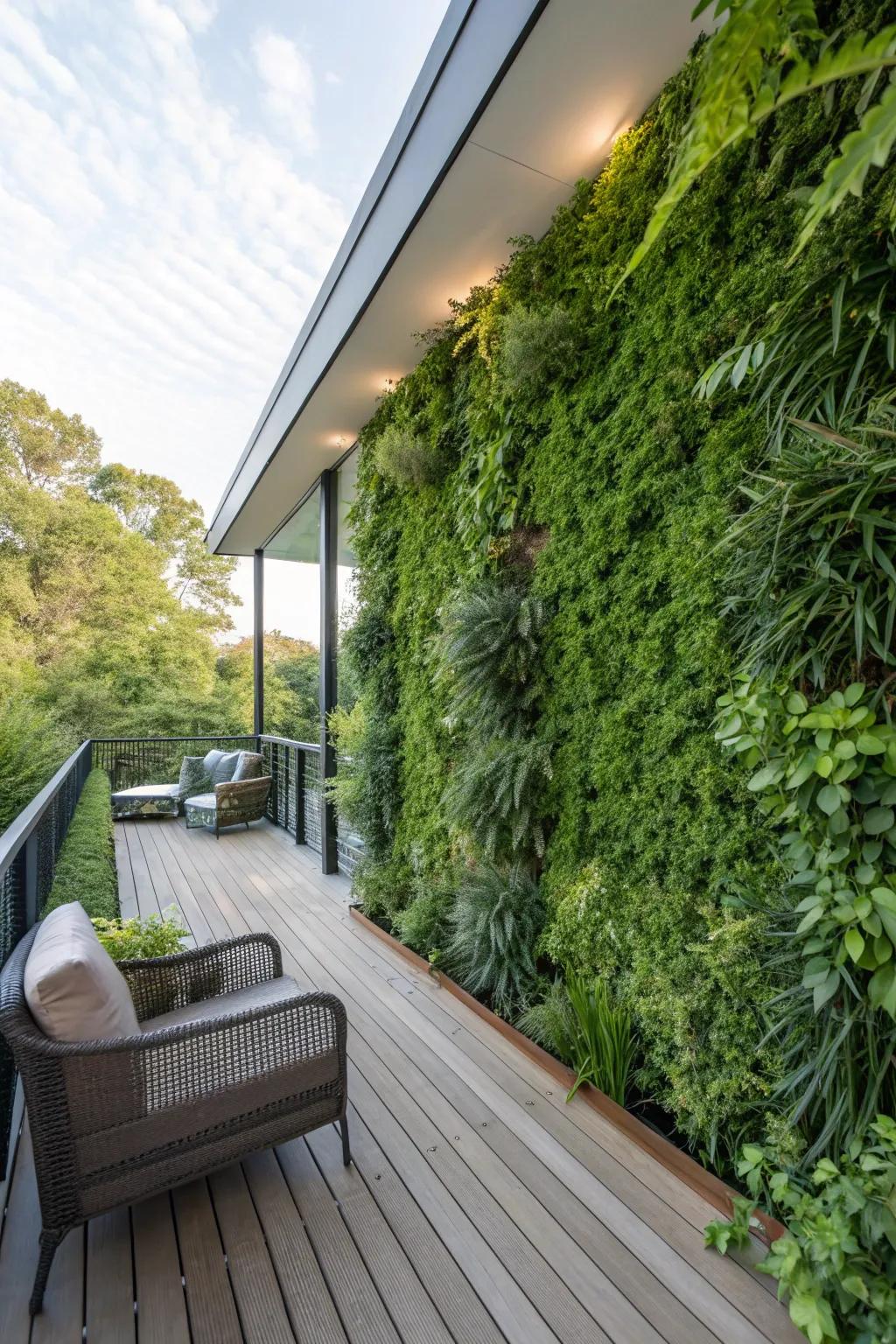 A lush vertical garden wall adds privacy and greenery to a deck.