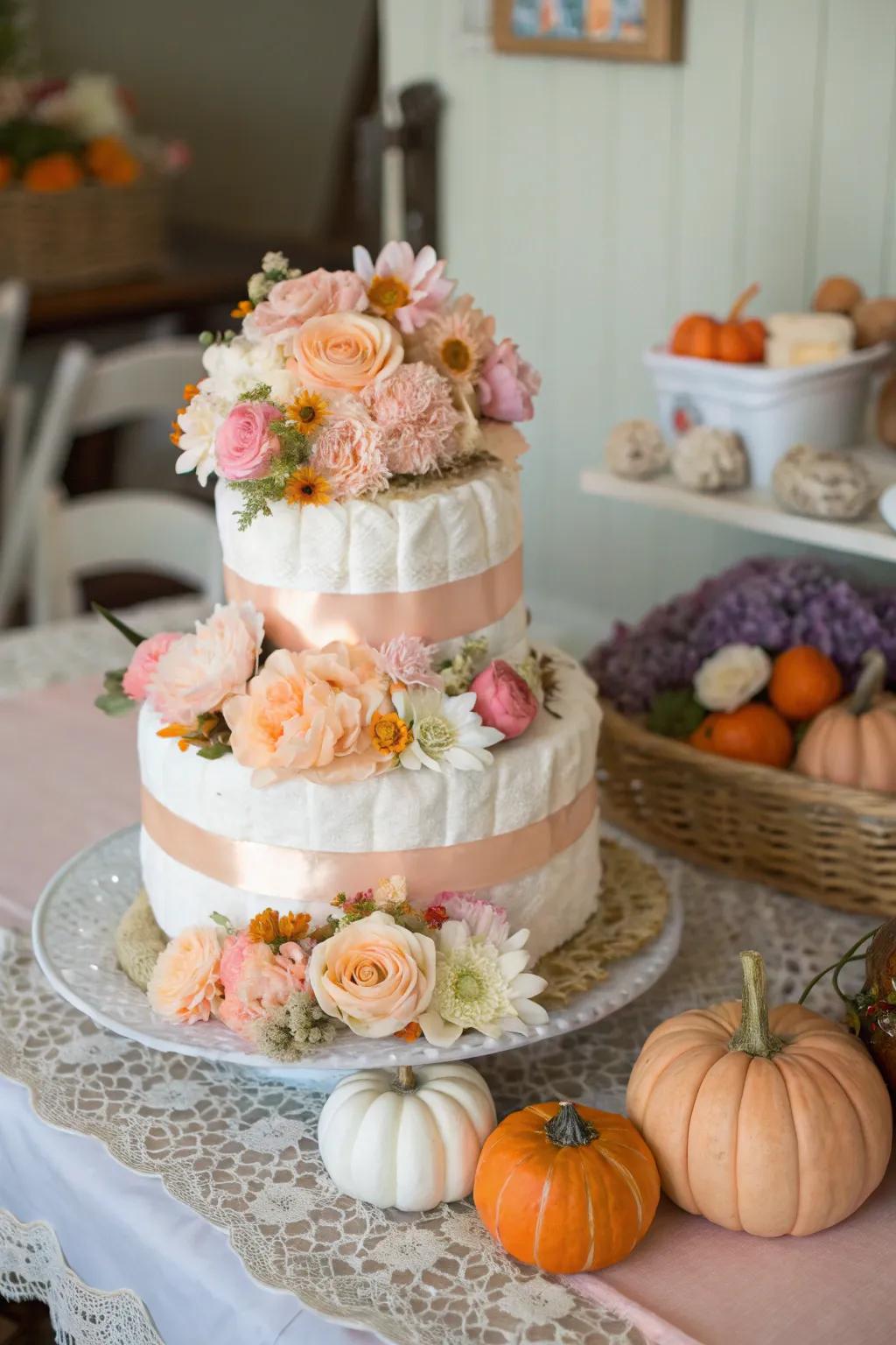 Floral pumpkin diaper cakes bring a softer, more delicate touch to the theme.