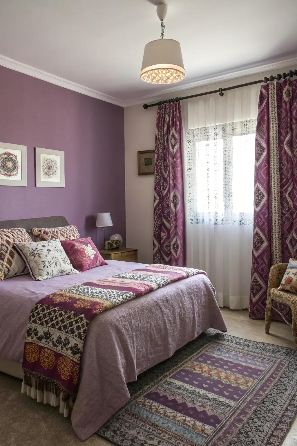 A mix of patterns creating a lively atmosphere with purple walls.