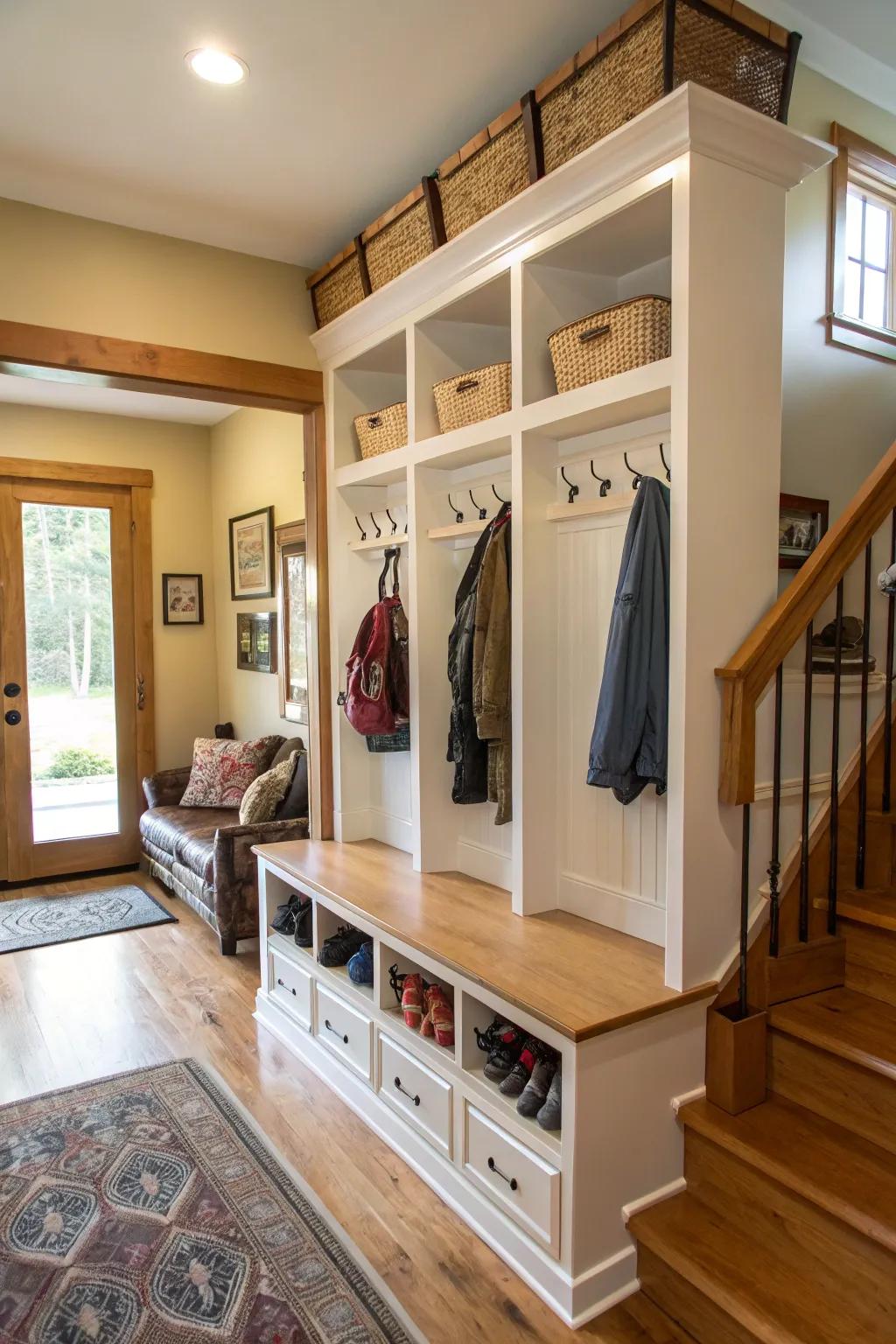 Hooks and cubbies provide efficient storage solutions for a clutter-free entryway.