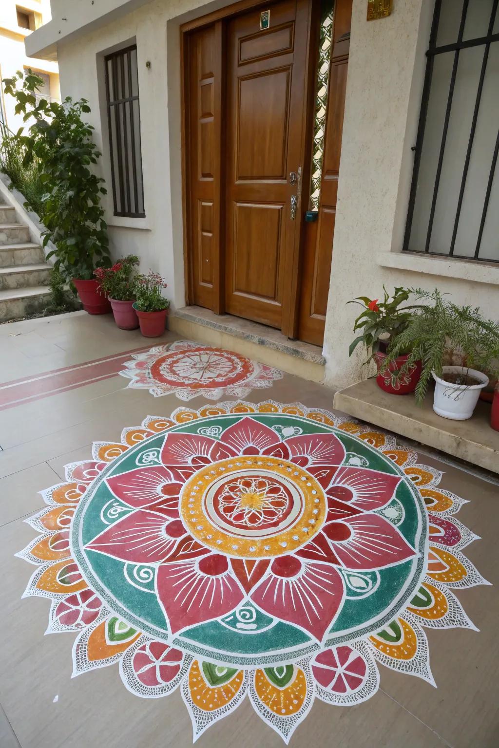 Symmetry in rangoli reflects balance and harmony, perfect for festive occasions.