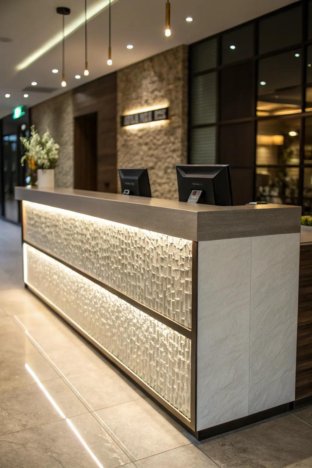 A reception desk that uses textures to enhance depth.