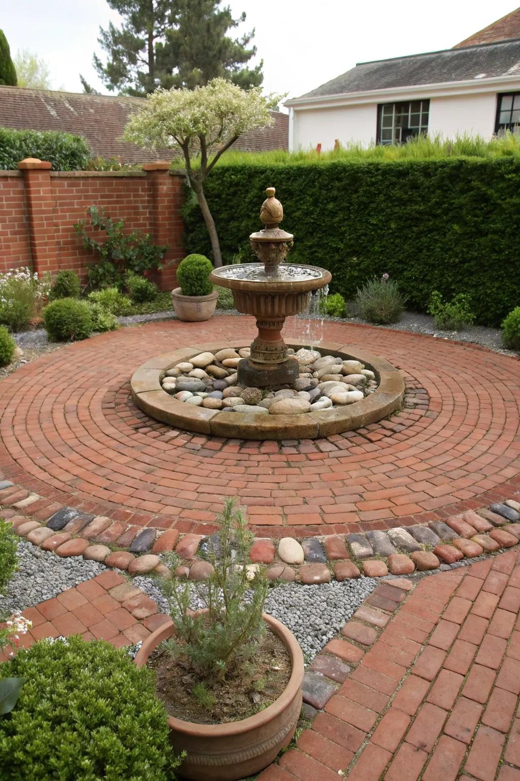 A tranquil red brick patio with a soothing water feature