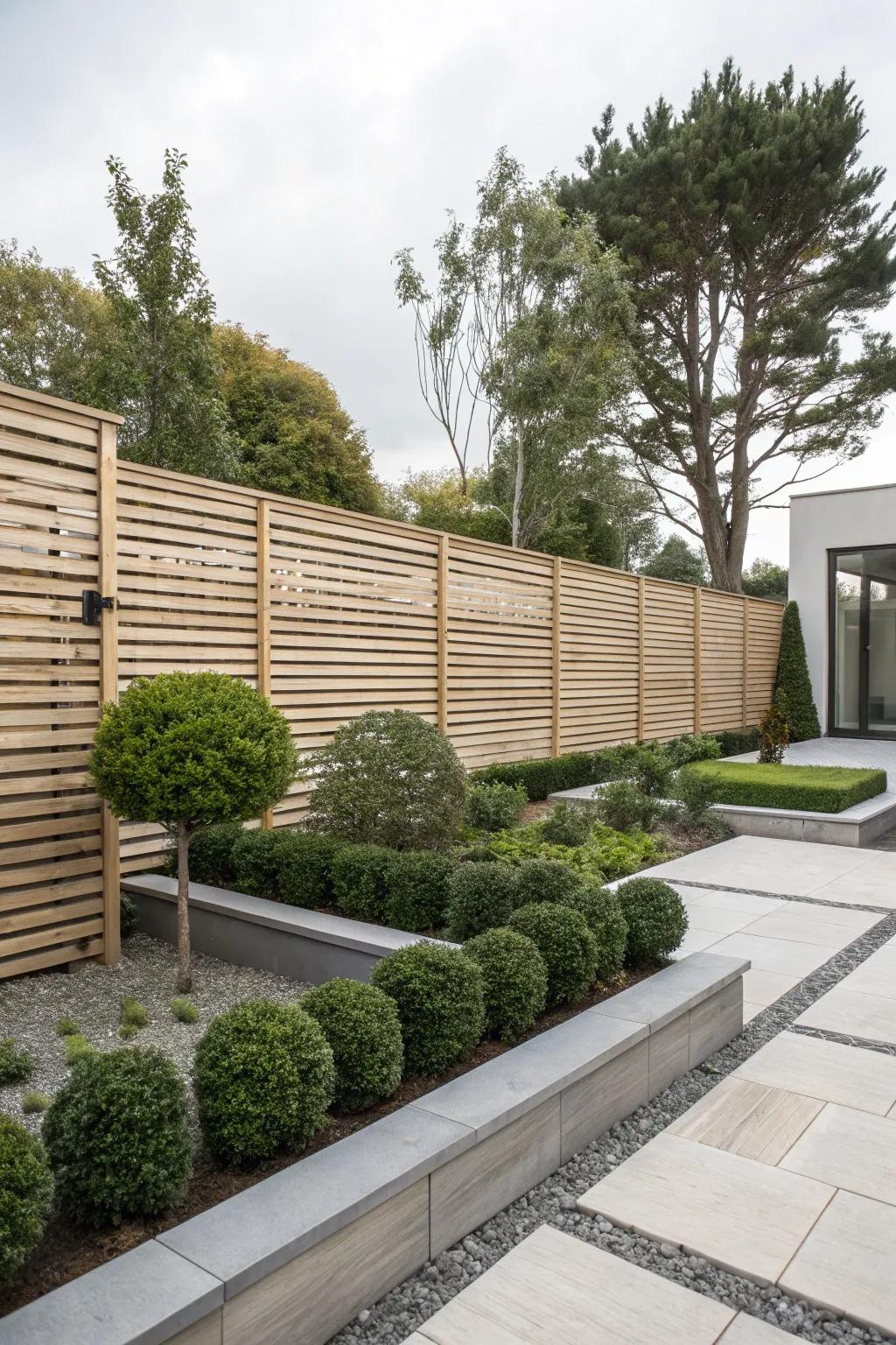 Modern horizontal wooden slat fencing in a minimalist garden.