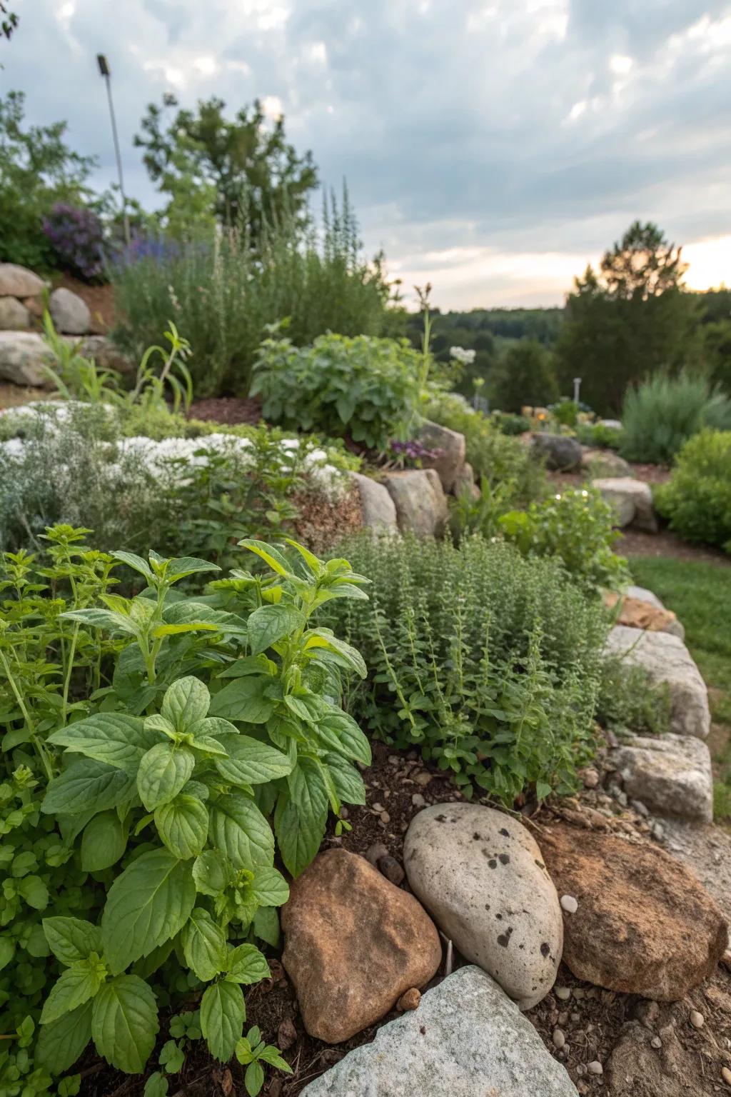 Herbs nestled among rocks provide fragrance and beauty.