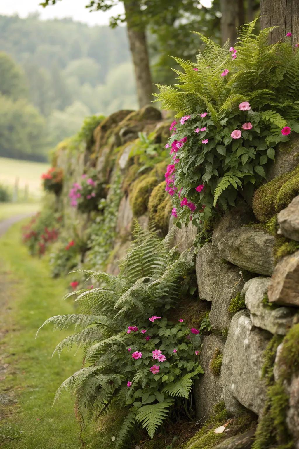 Rock walls integrated with greenery create a seamless natural look.