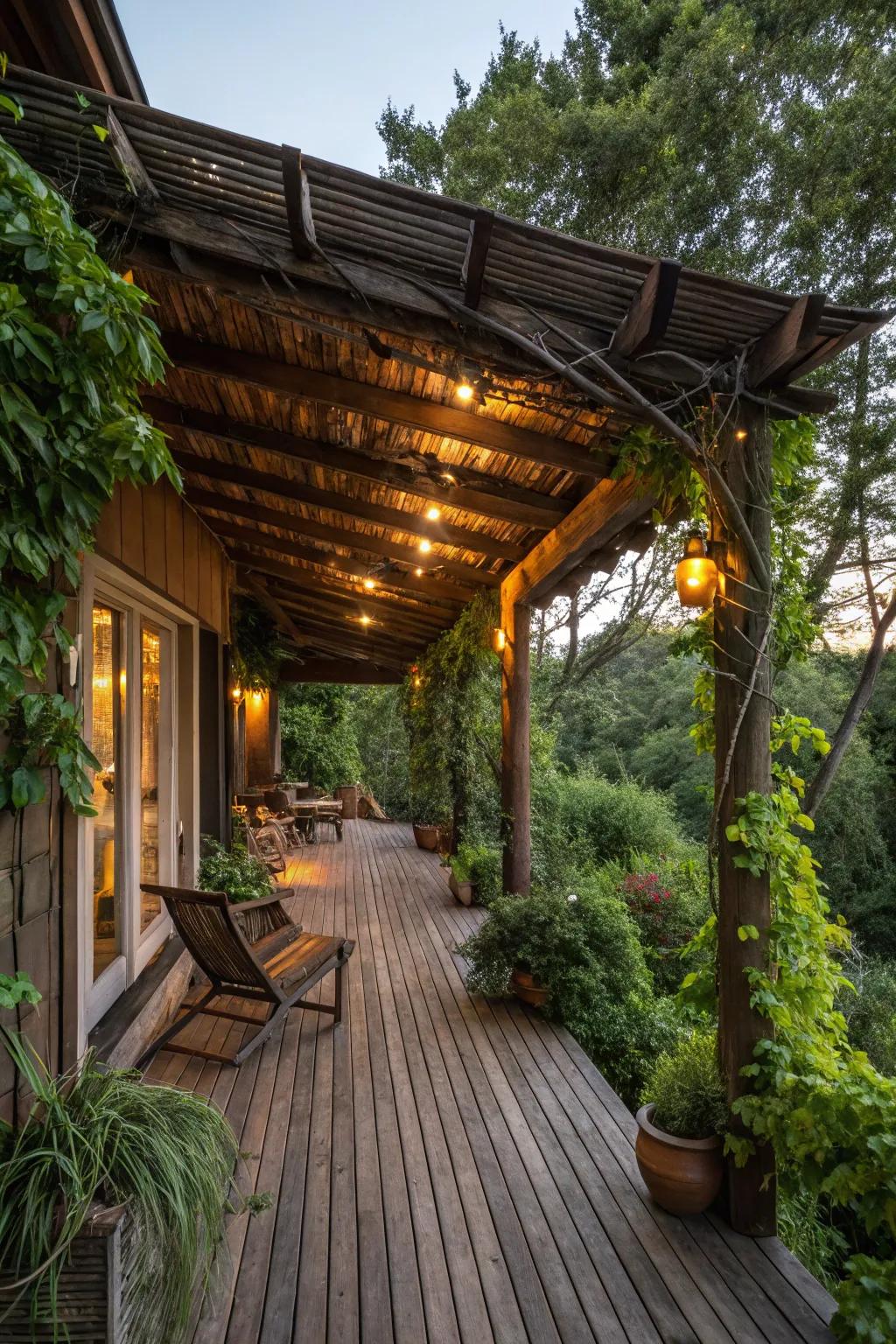 A rustic wooden roof creates a warm and inviting deck space.