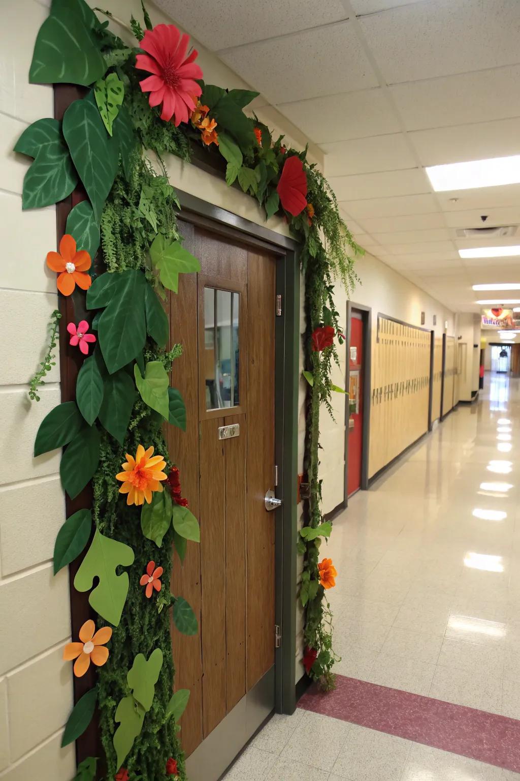 A nature-inspired school nurse door with leaves and flowers.