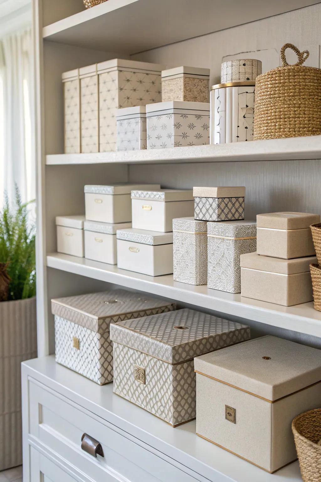Decorative boxes add style and storage to any shelf.