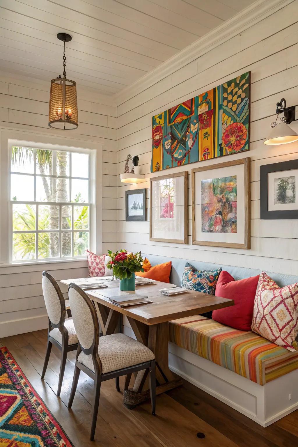 A dining room with colorful accents and shiplap walls.