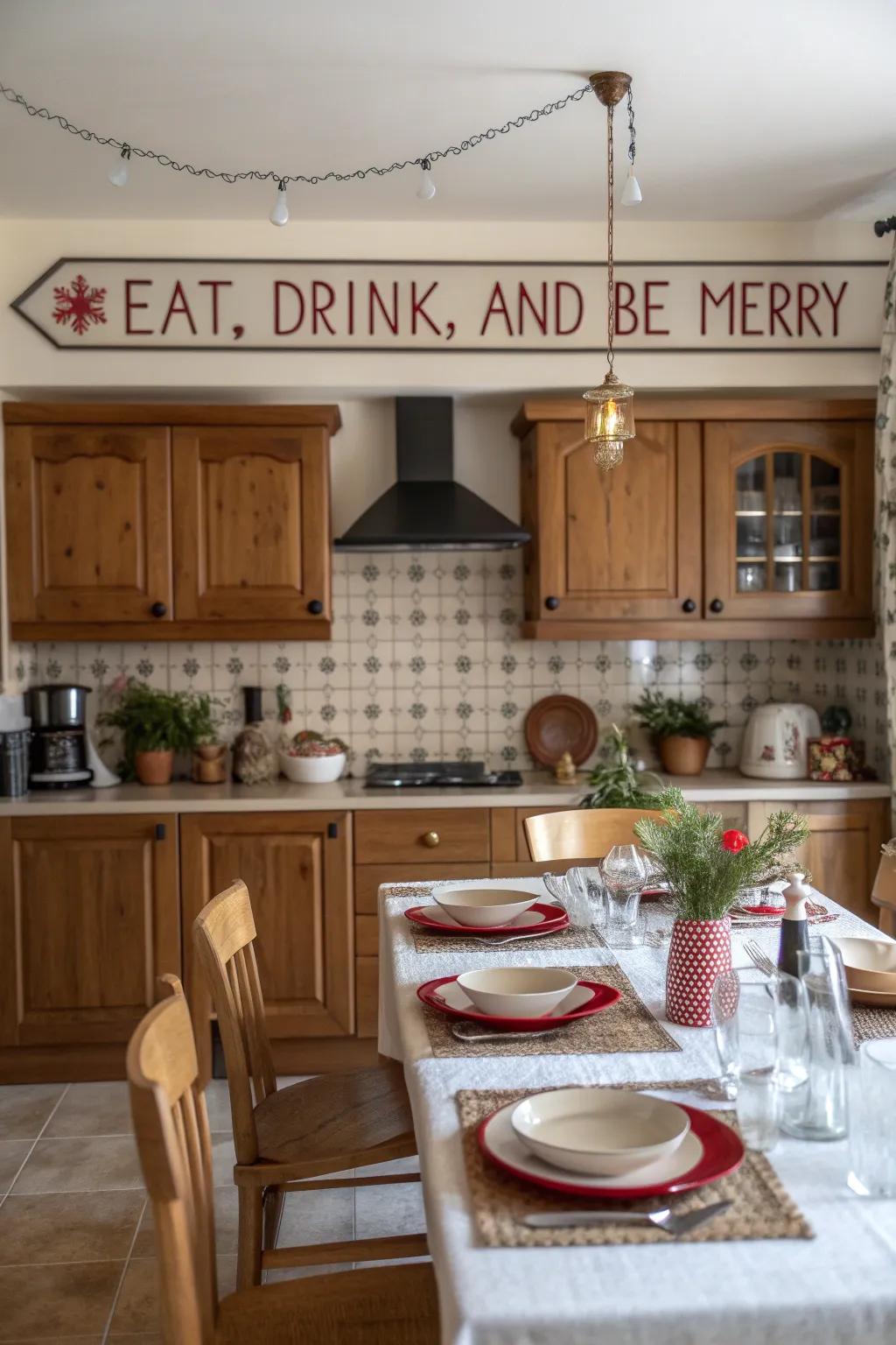 A kitchen showing a playful sign with the message 'Eat, Drink, and Be Merry'.