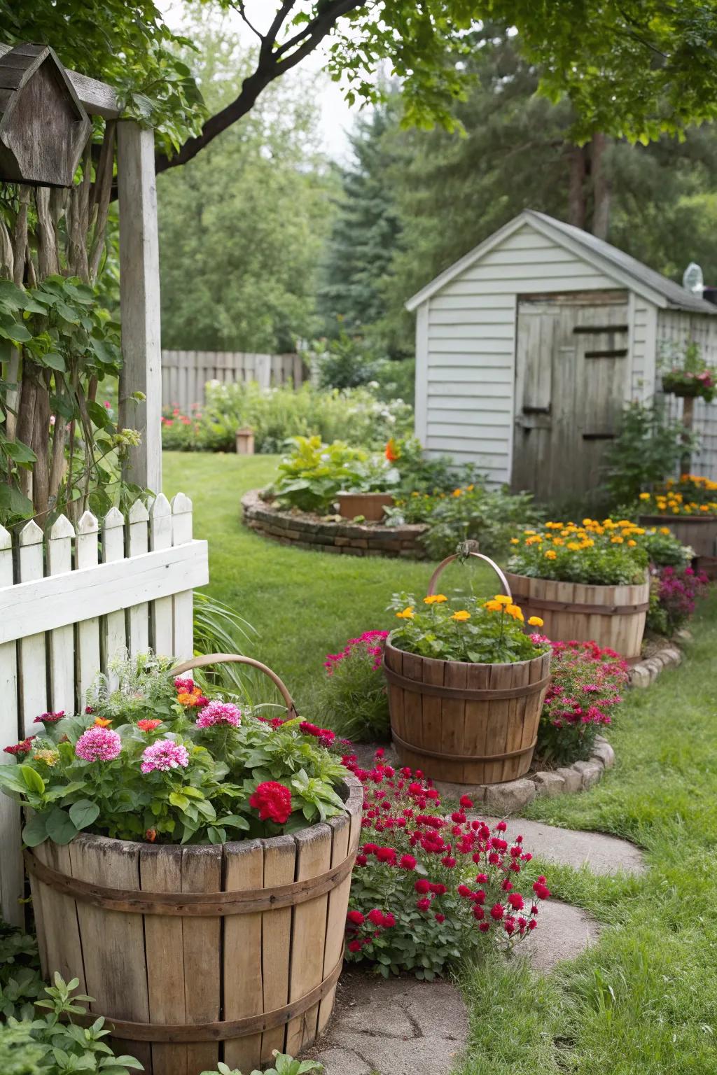 DIY planters made from vintage baskets in a garden setting.