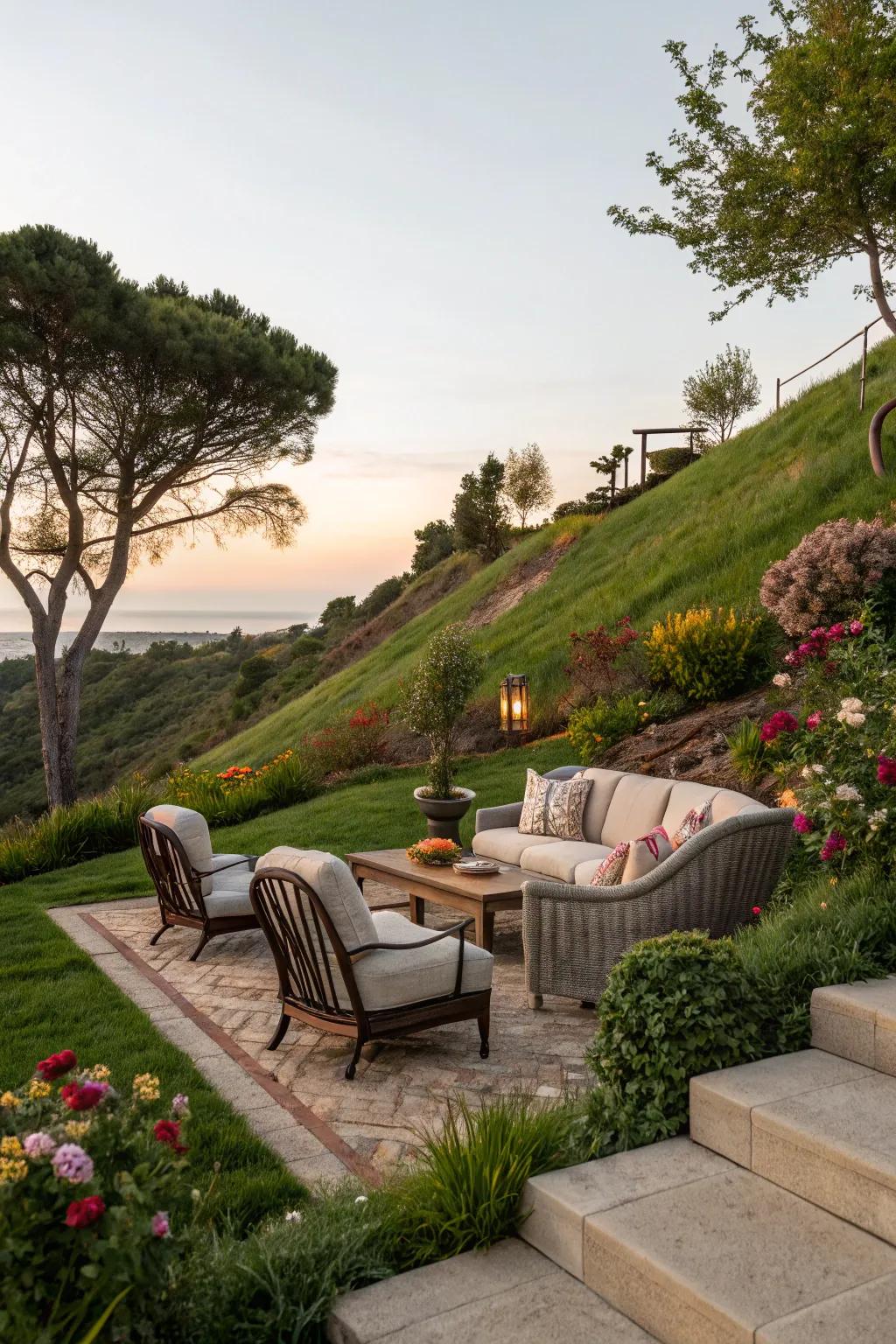 A charming seating area invites relaxation on this sloped landscape.