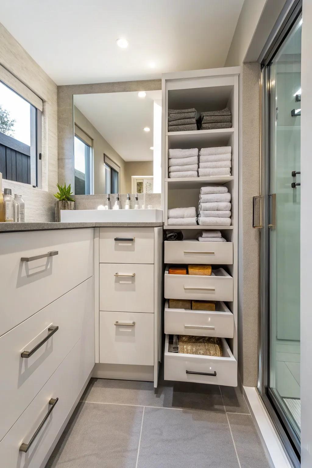 Cabinets keep towels hidden for a clutter-free bathroom.