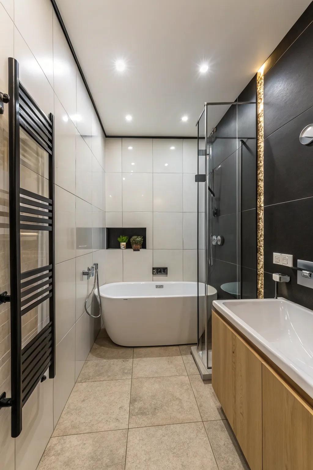 Lustrous segments in a compact bathroom, heightening radiance and a contemporary aesthetic.