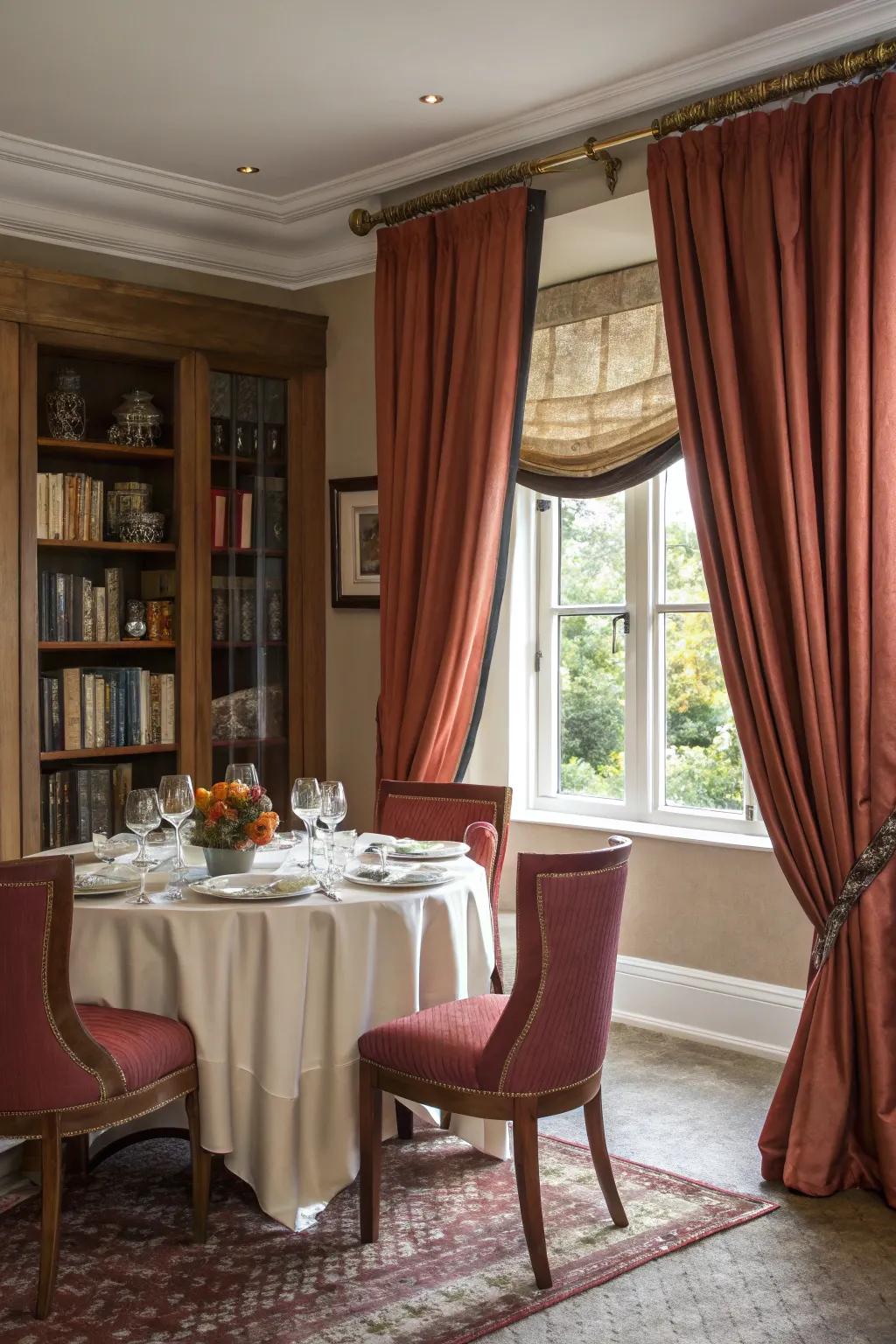 Rich drapery brings drama and elegance to a small dining space.