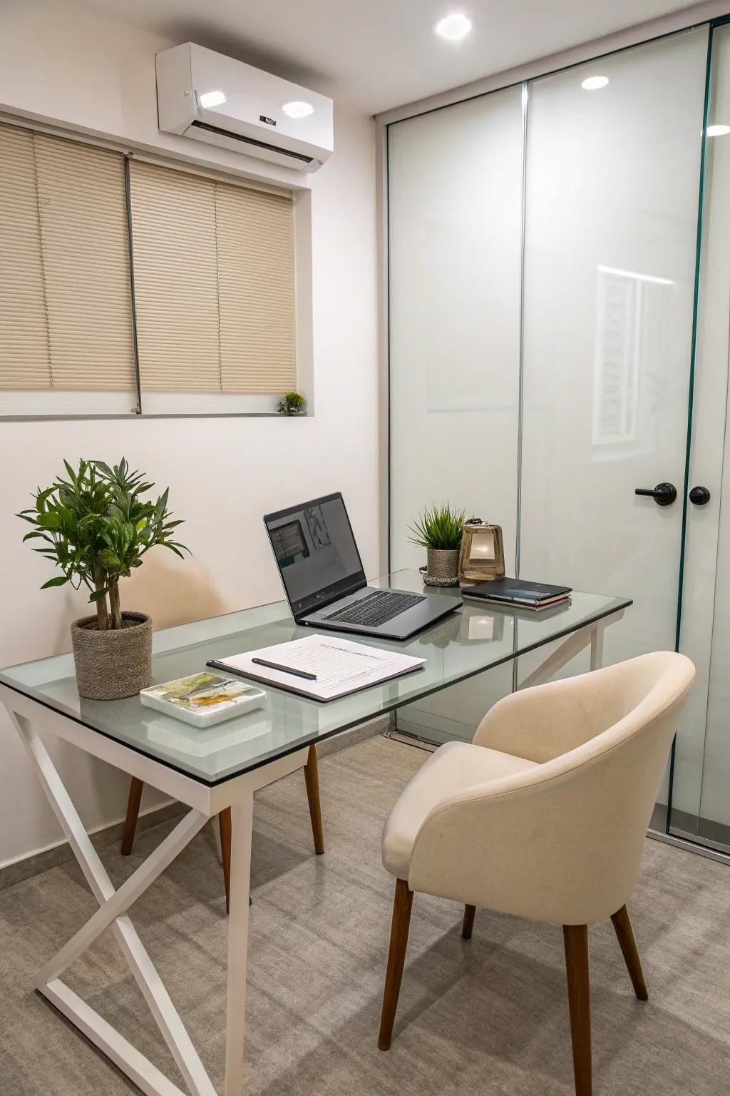 Glass furniture in a small office enhances openness and light.