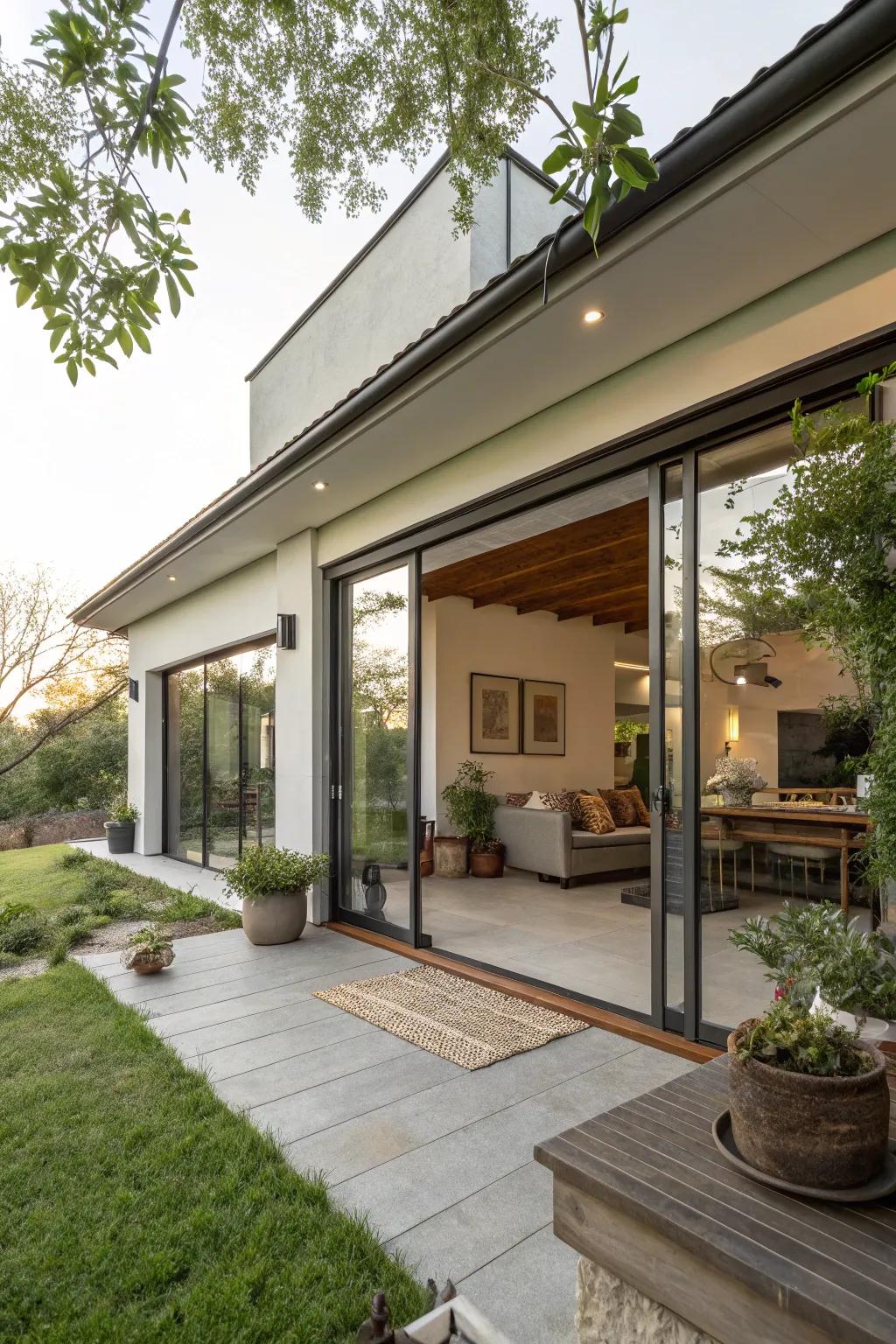 Smooth indoor-outdoor lifestyle in a square home blueprint.