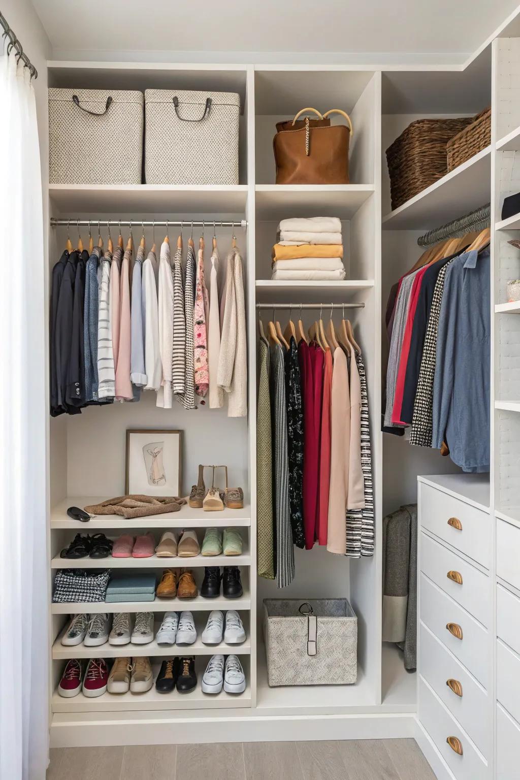 A well-organized closet with shelves and hanging solutions.