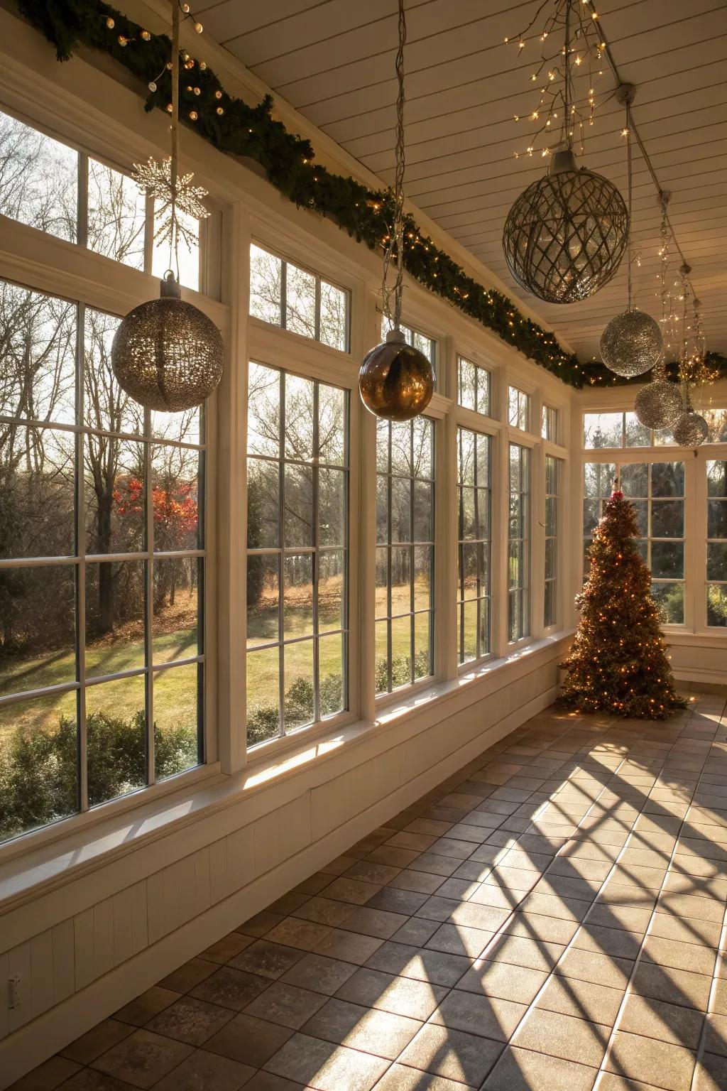 Hanging ornaments add sparkle to your sunroom windows.