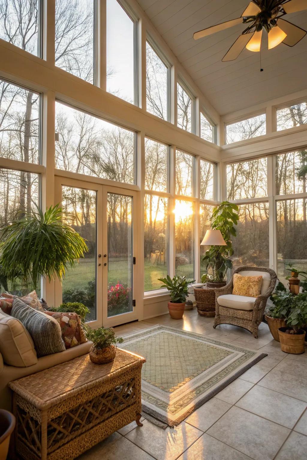 Large windows ensure the sunroom is bathed in natural light.