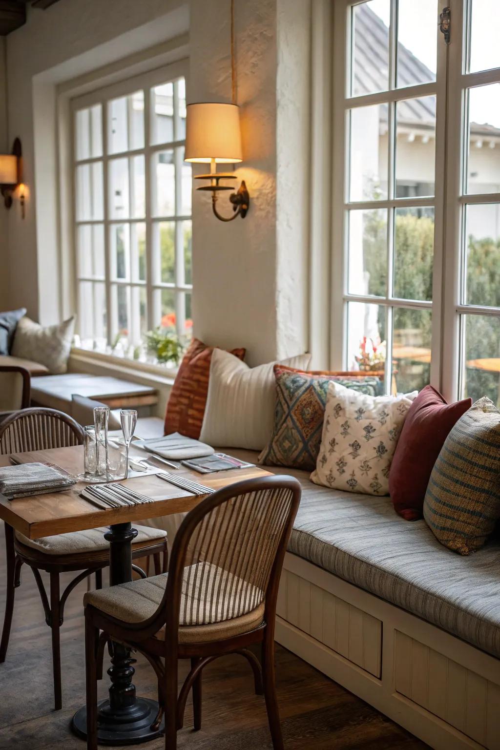 Unconventional charm achieved by placing accent pillows on dining chairs and a bench.