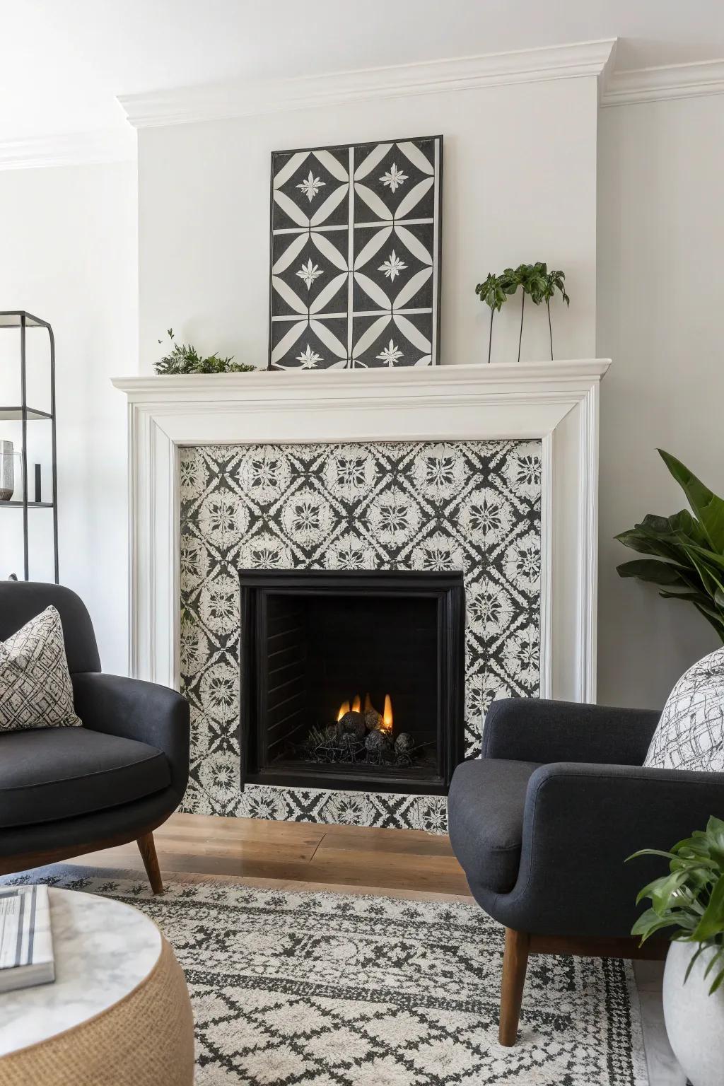 A black and white layout creates a chic and minimalist fireplace.