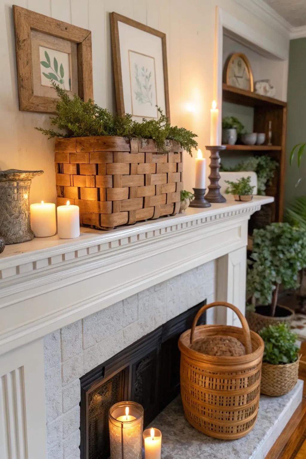 A casual and chic mantel display with a tobacco basket.