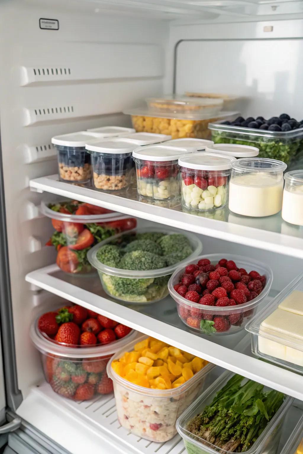 Grouped similar food items inside a top freezer, each on distinct shelves for easy inventory management.