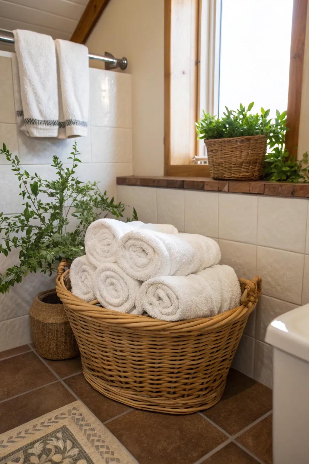 Baskets provide a rustic and practical towel storage solution.