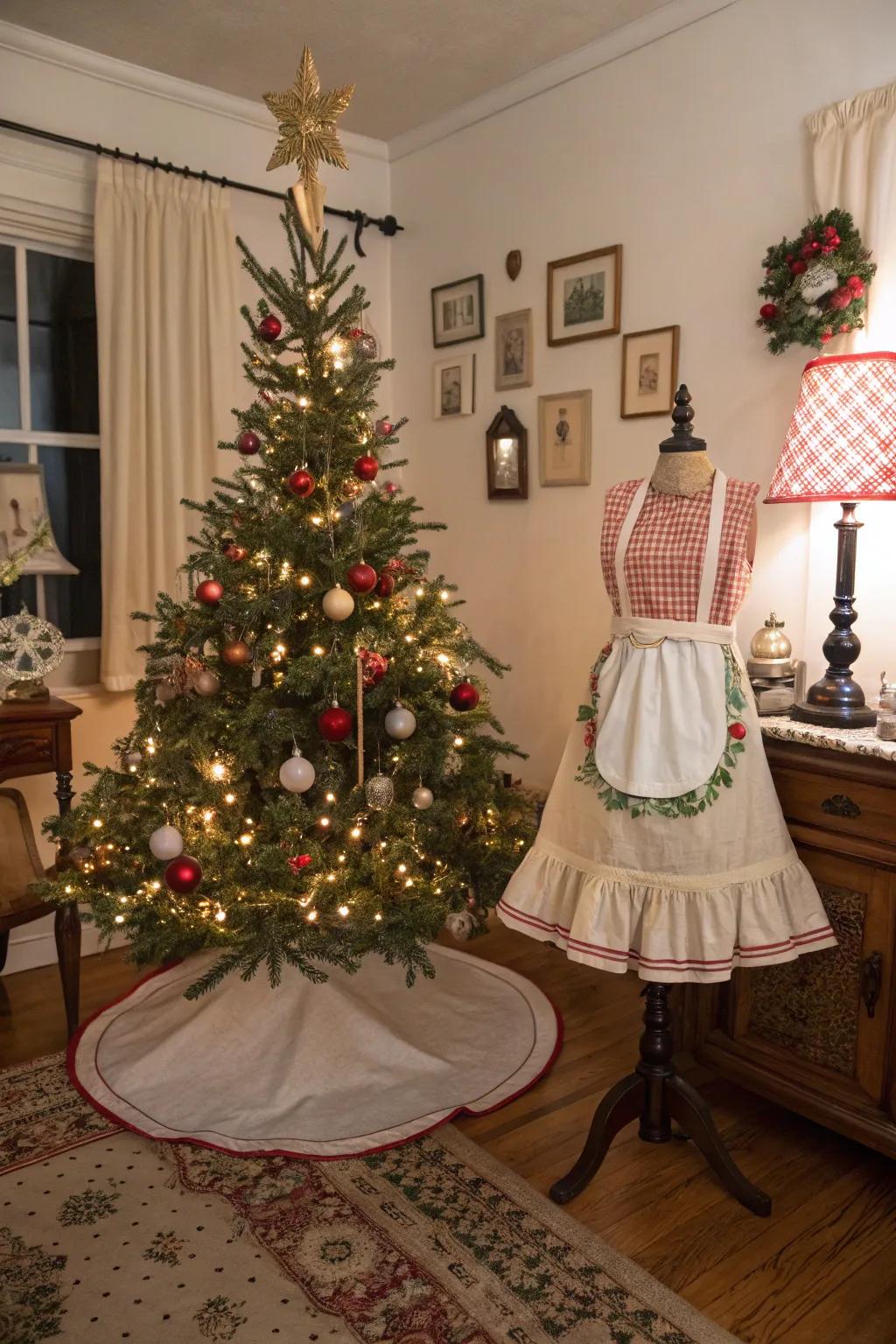 Repurpose a vintage apron for a unique and nostalgic tree skirt.