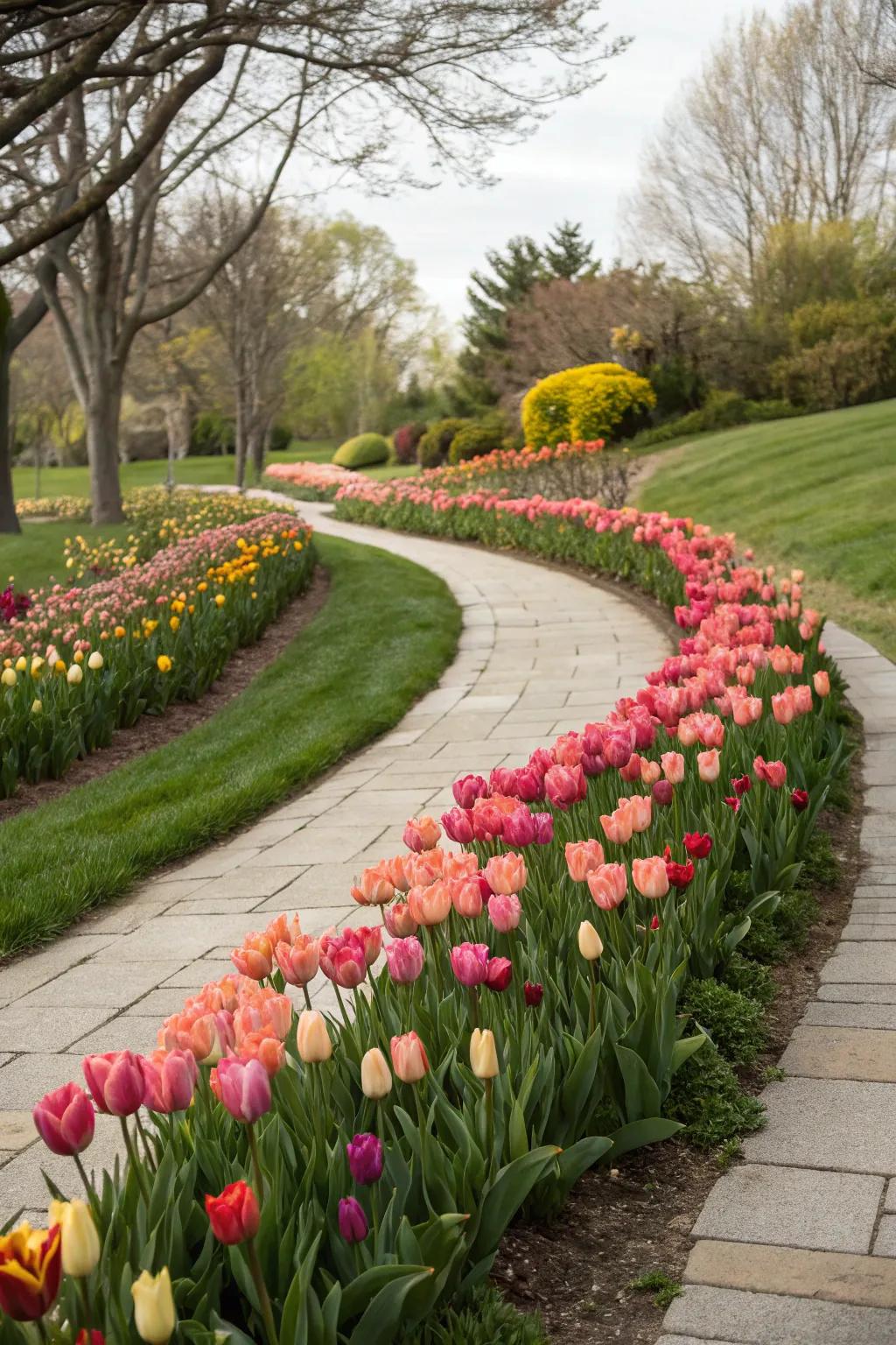 Stroll through beauty: Pathway bordered with tulips.