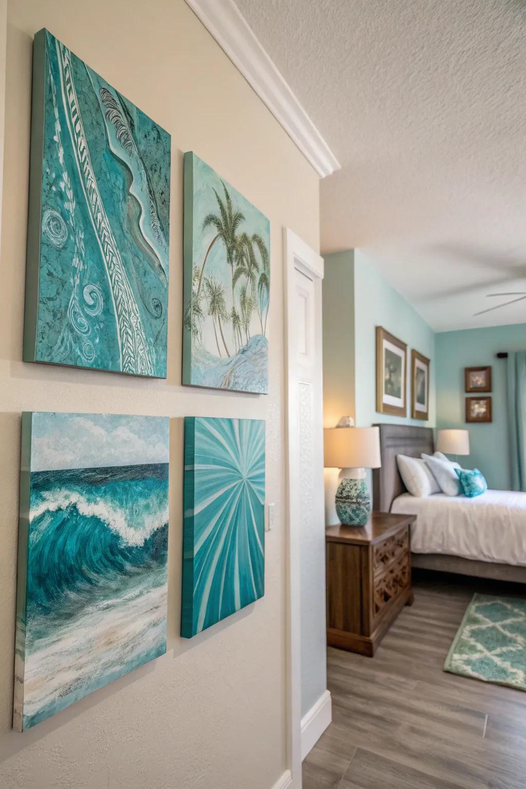 Abstract art with turquoise hues adds depth and interest to this bedroom.