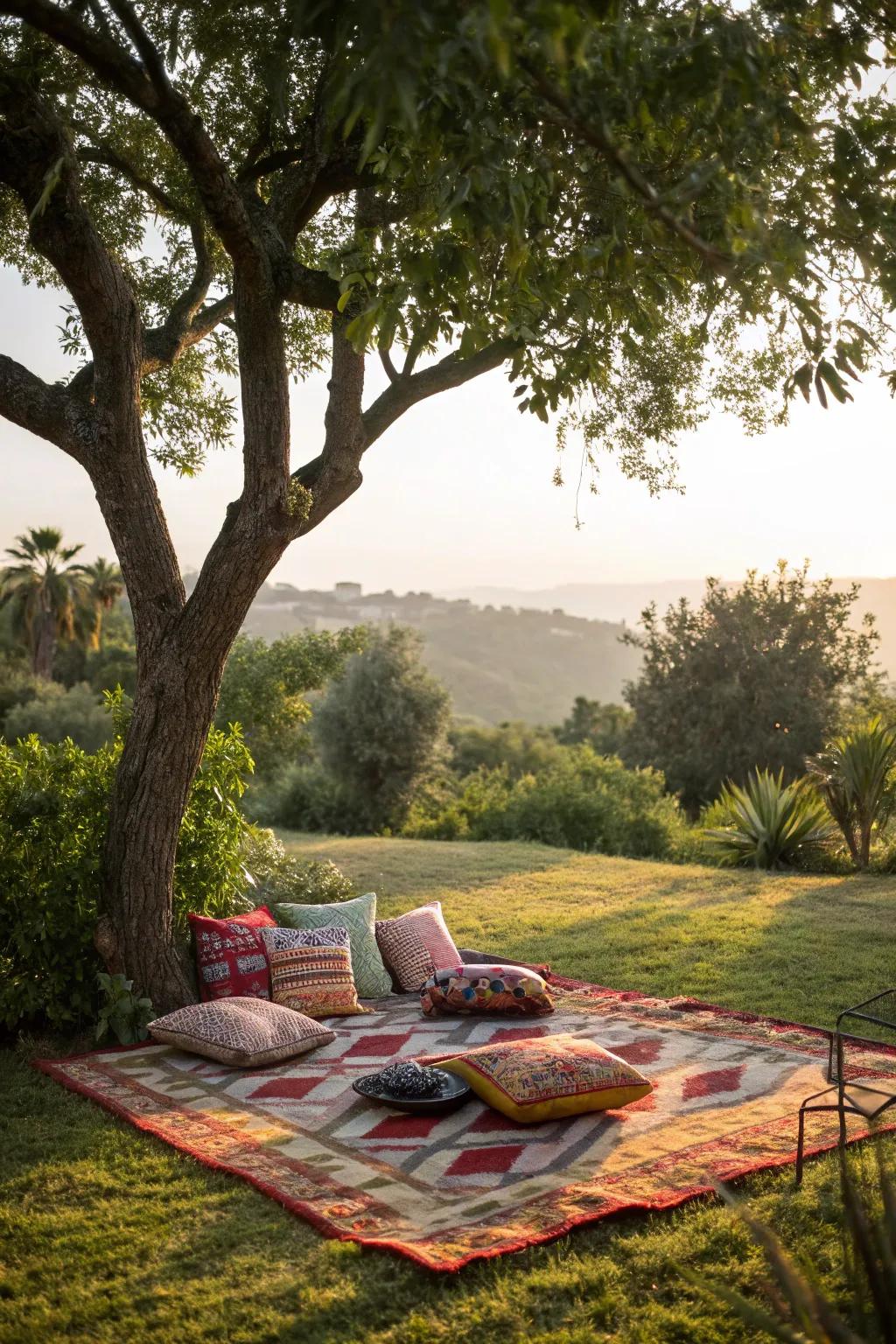 An outdoor rug adds comfort and style to your tree-side retreat.