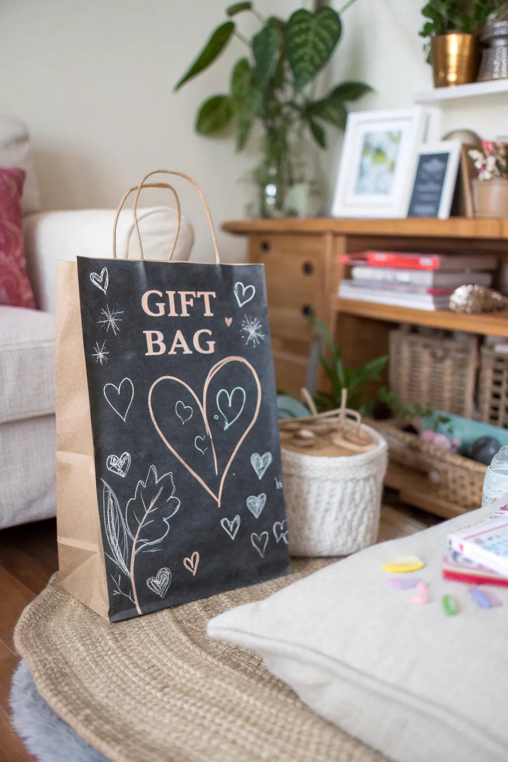 Chalkboard art Valentine's bag with whimsical messages.