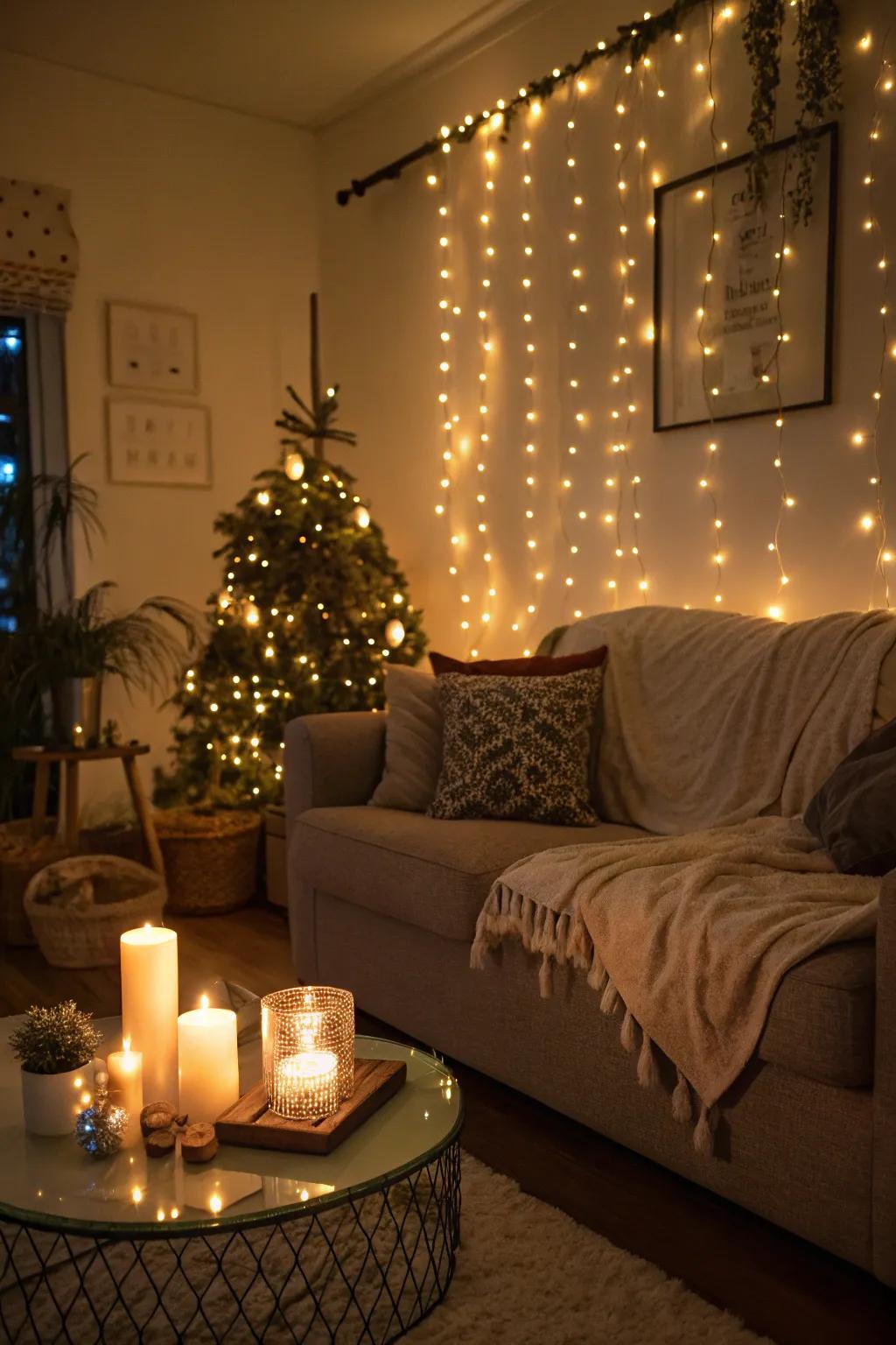 Create an intimate atmosphere with twinkling lights and candlelight.