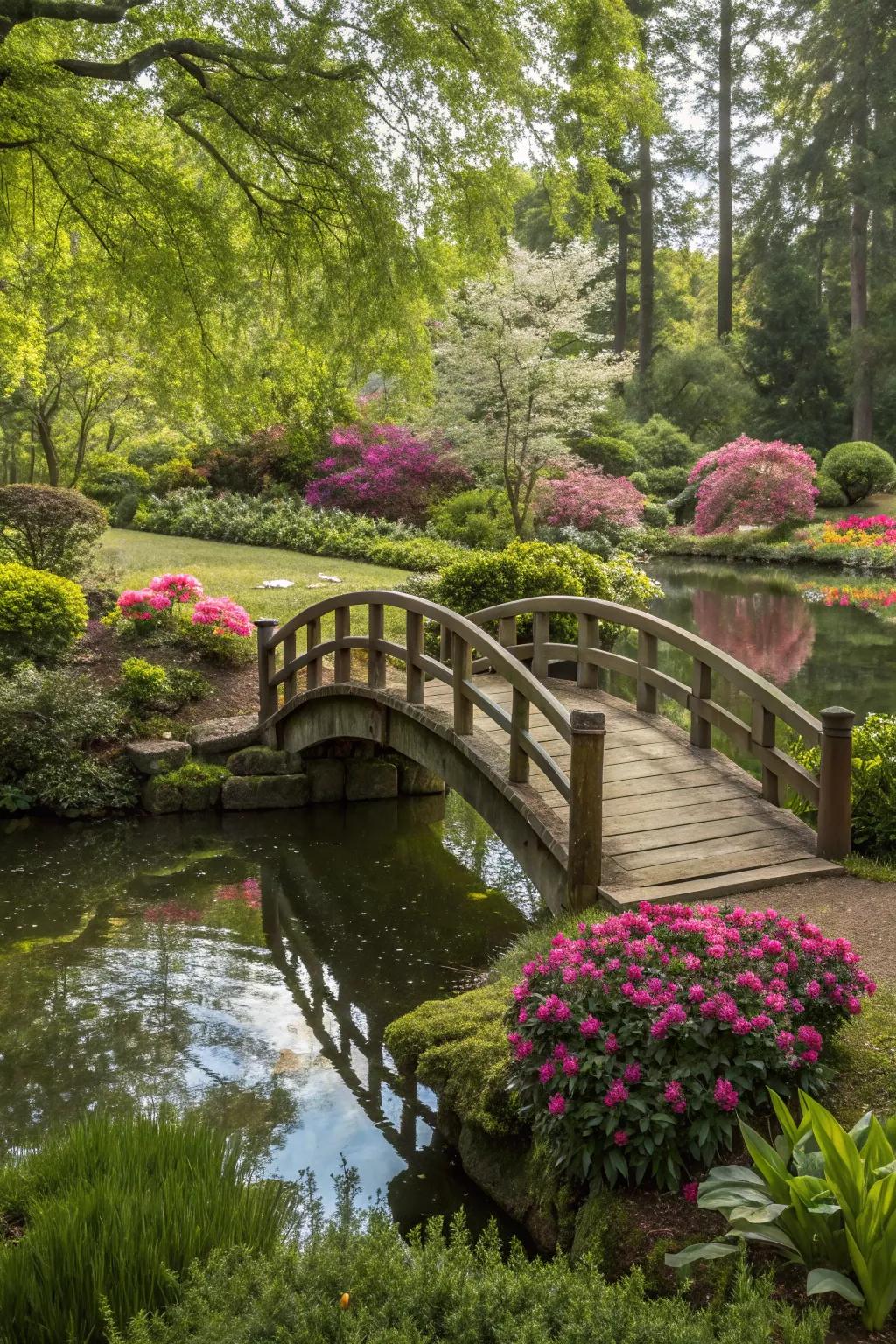 A timber footbridge imparts charm to any water garden.