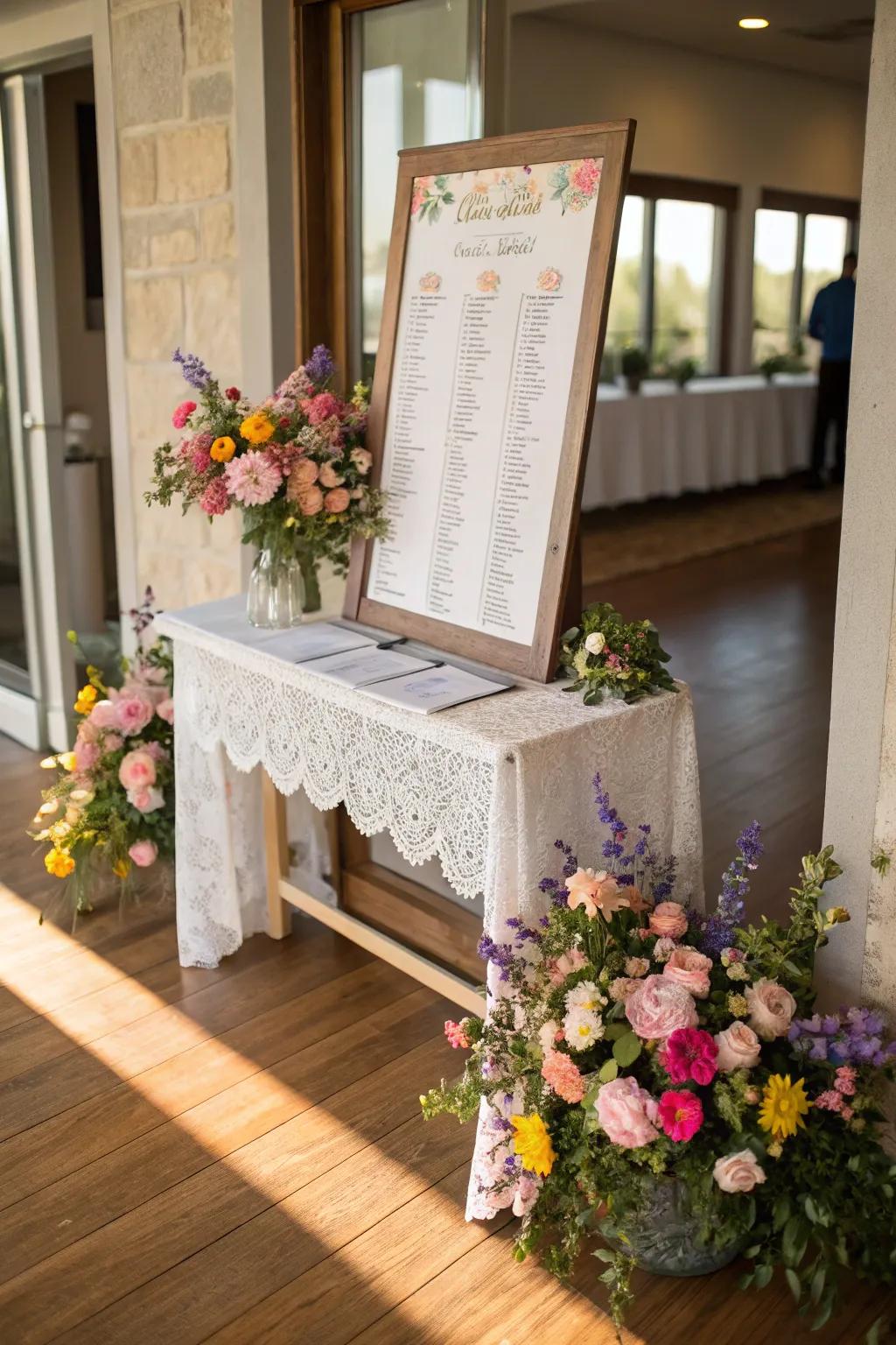 Floral accents on seating charts add a touch of nature and elegance.