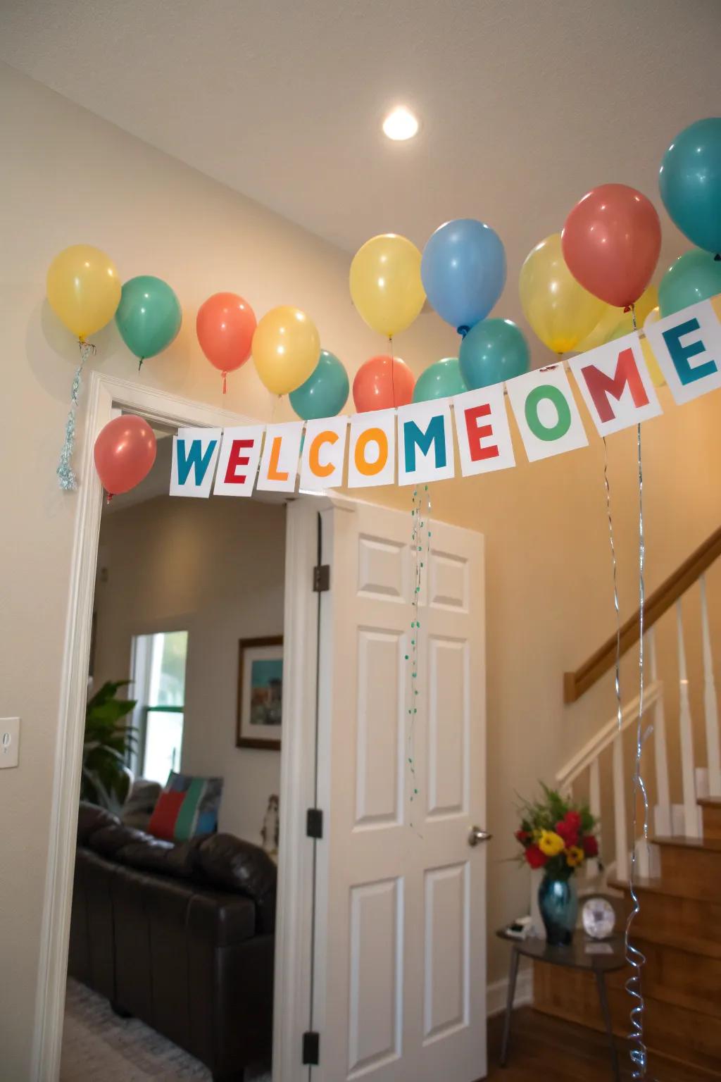 Create a festive mood with a banner and balloons.