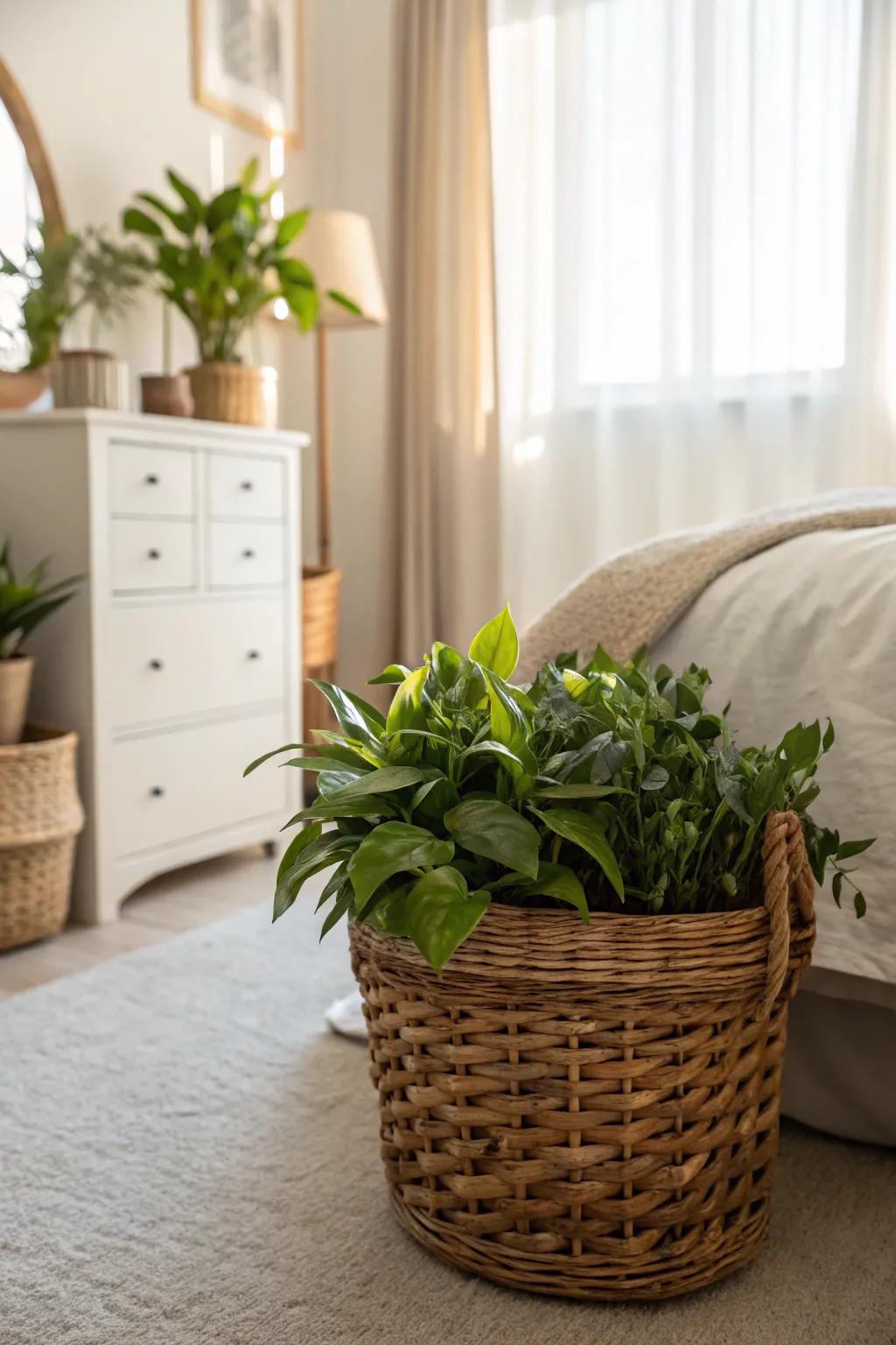 A basket plant holder adds a natural and refreshing touch to your bedroom.