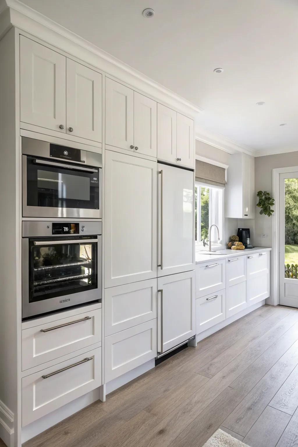 Modern appliances seamlessly integrate into the white kitchen design.