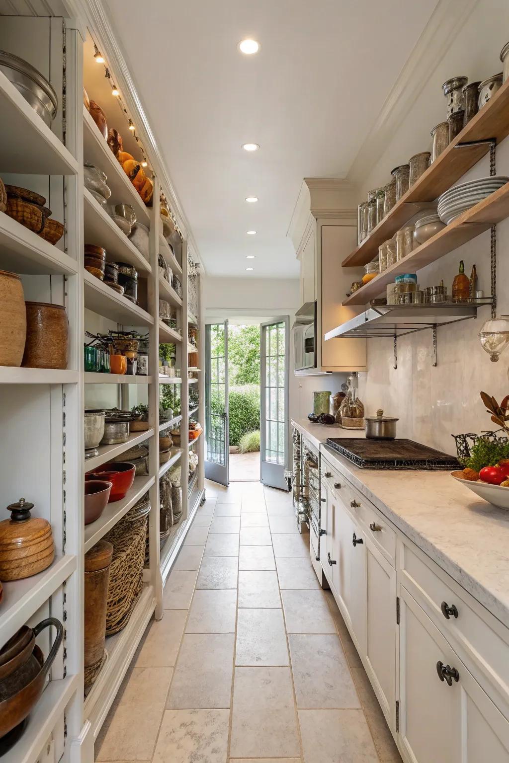 Open shelving combining function and style in a wide galley kitchen.