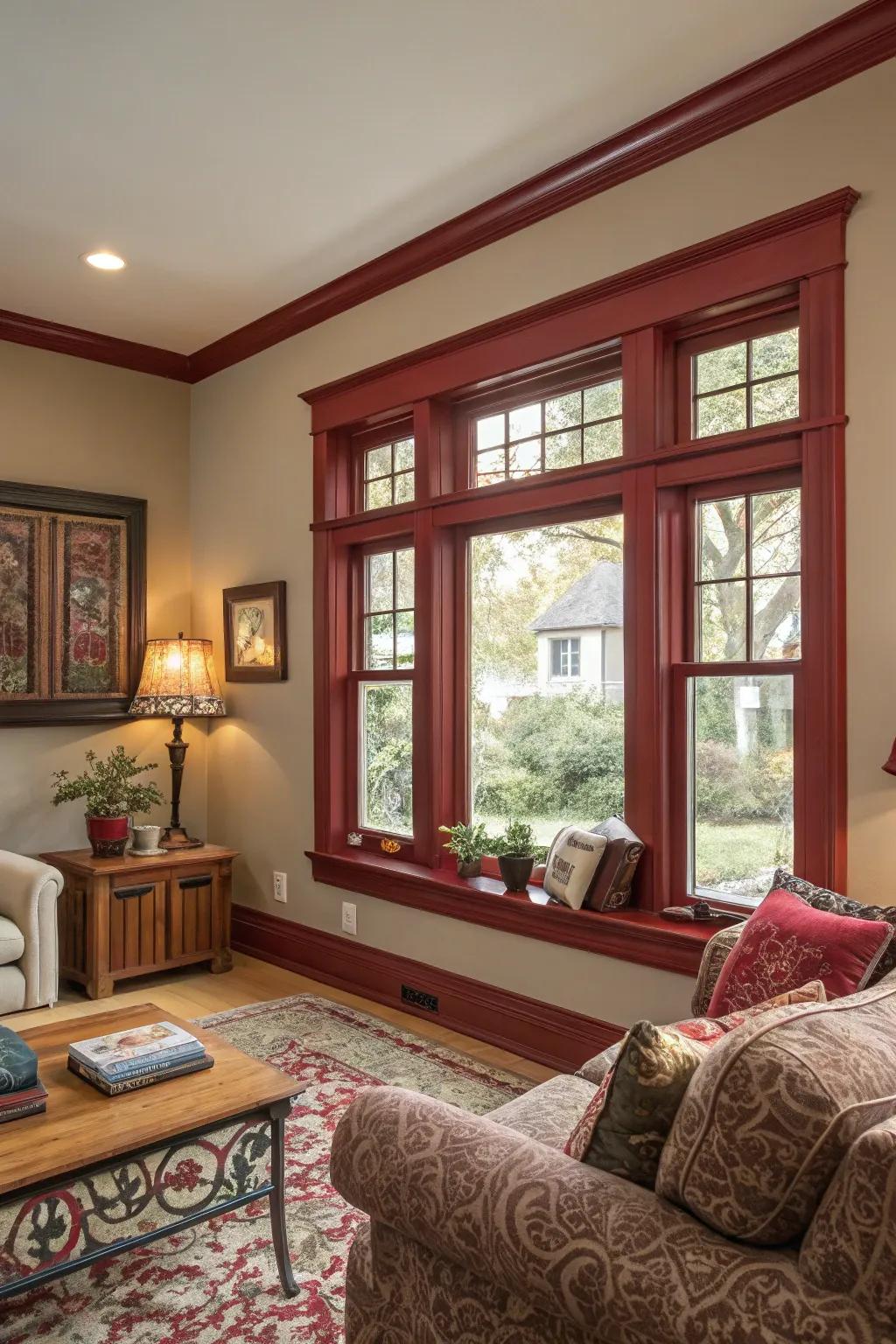 Intense crimson trim creates a striking expression in a living space.