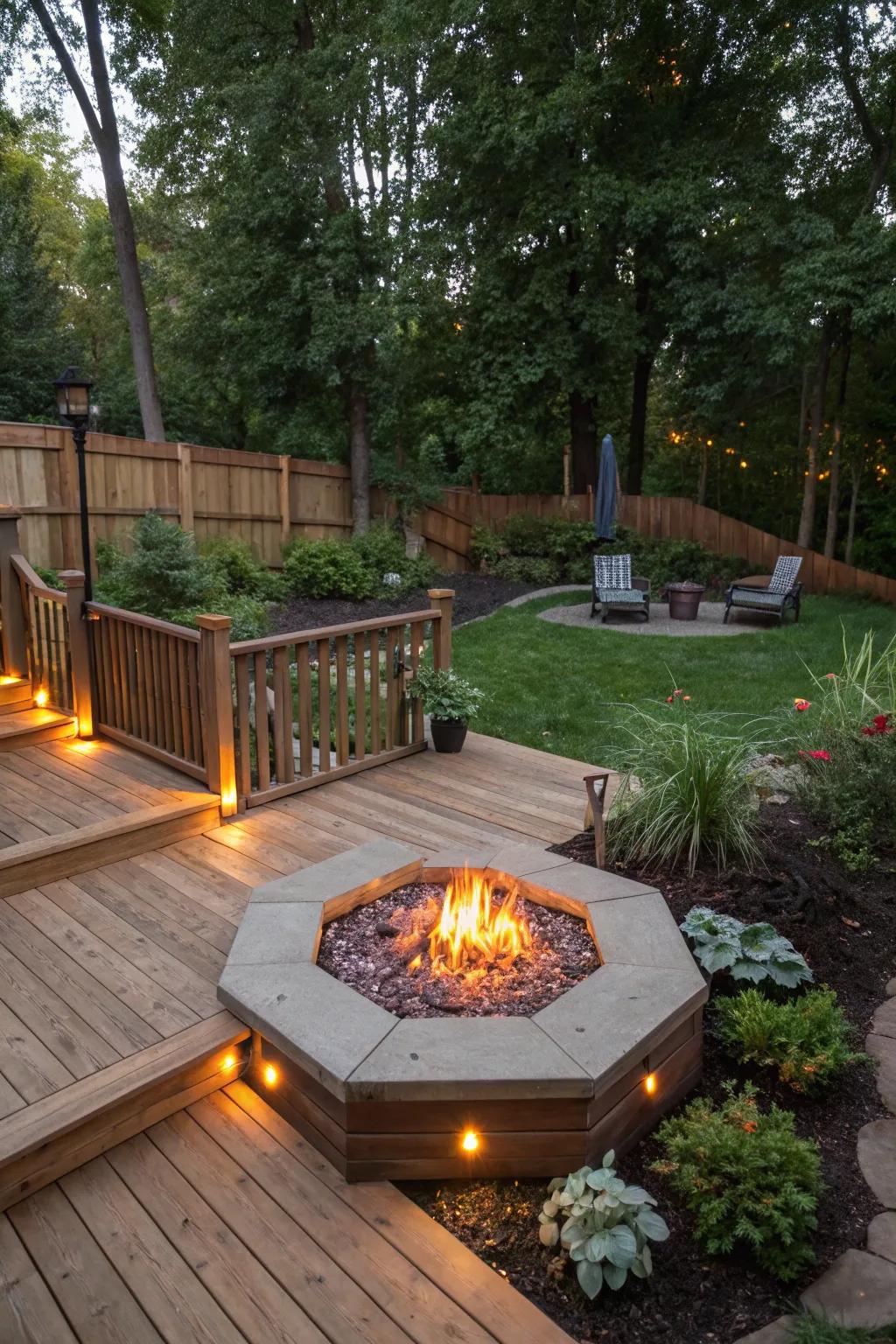 A cozy deck with a fire pit for warmth and gatherings.