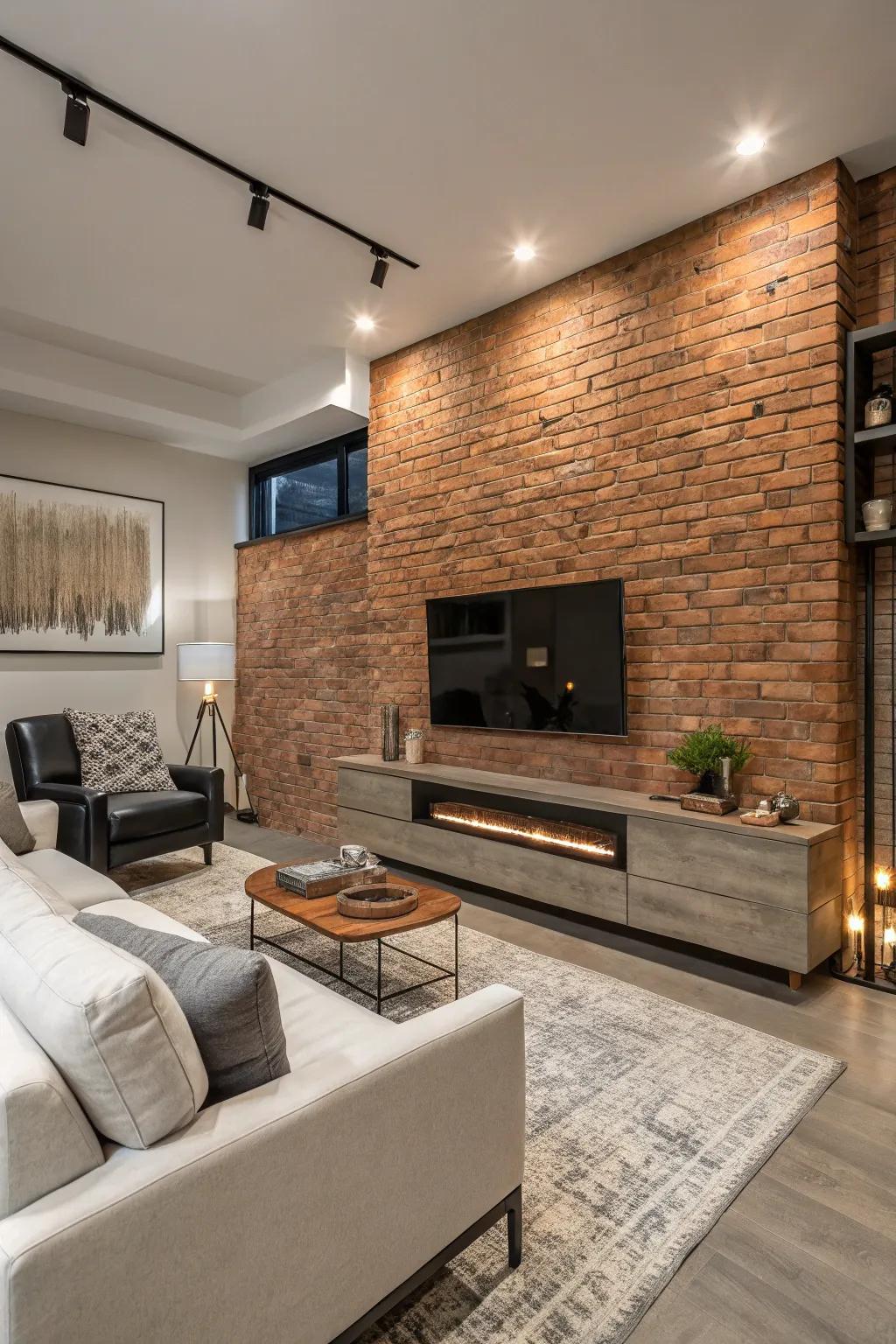 Industrial chic with exposed brick and a modern fireplace.